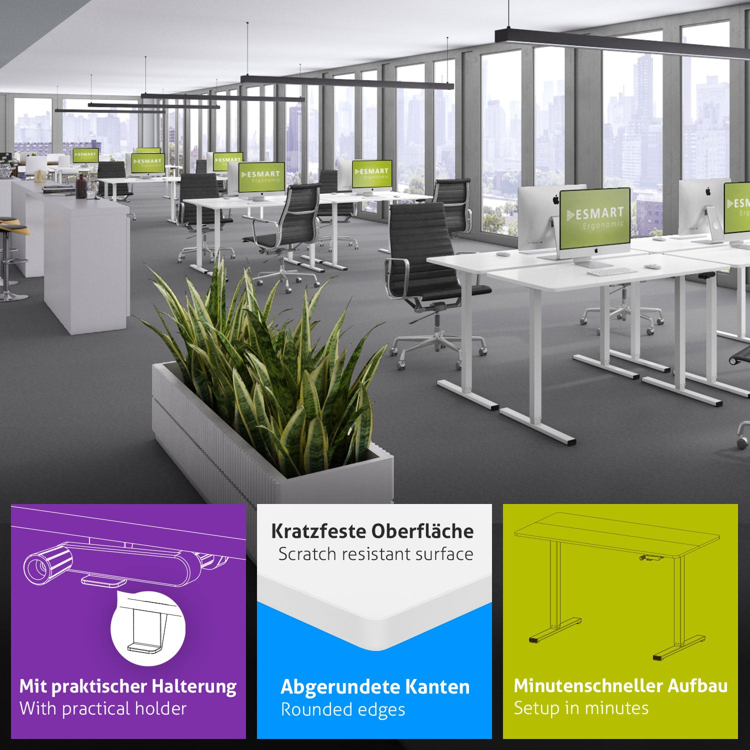 Ein Büro mit Schreibtischen, Stühlen, Computern und Pflanzen. Textfelder heben Merkmale wie Kratzfestigkeit, abgerundete Kanten und schnellen Aufbau hervor.