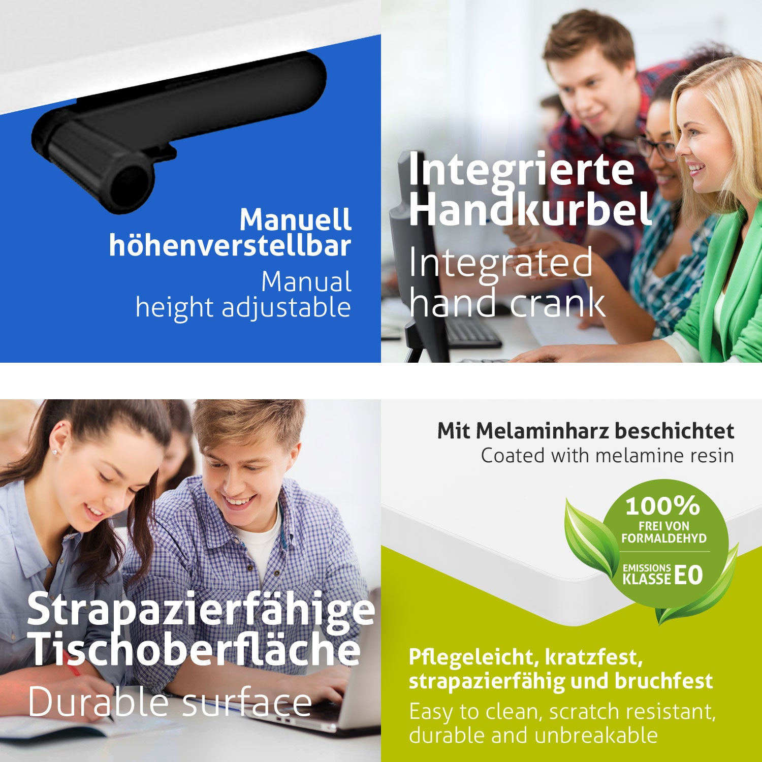 Das Bild zeigt Schreibtischteile, eine Handkurbel und Personen. Text beschreibt Haltbarkeit, formaldehydfrei und einfache Reinigung.