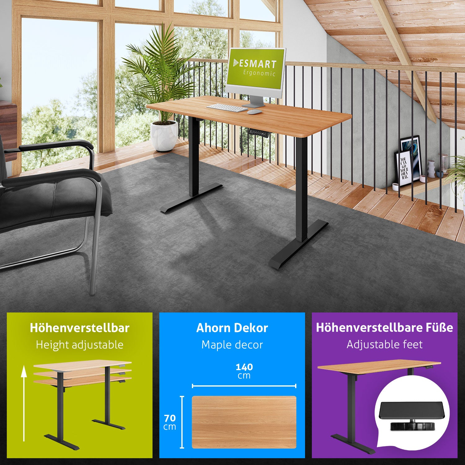 Ein höhenverstellbarer Schreibtisch mit Computer, in der Nähe eines Fensters und einer Pflanze. Enthält Diagramme mit Maßen und Funktionen.