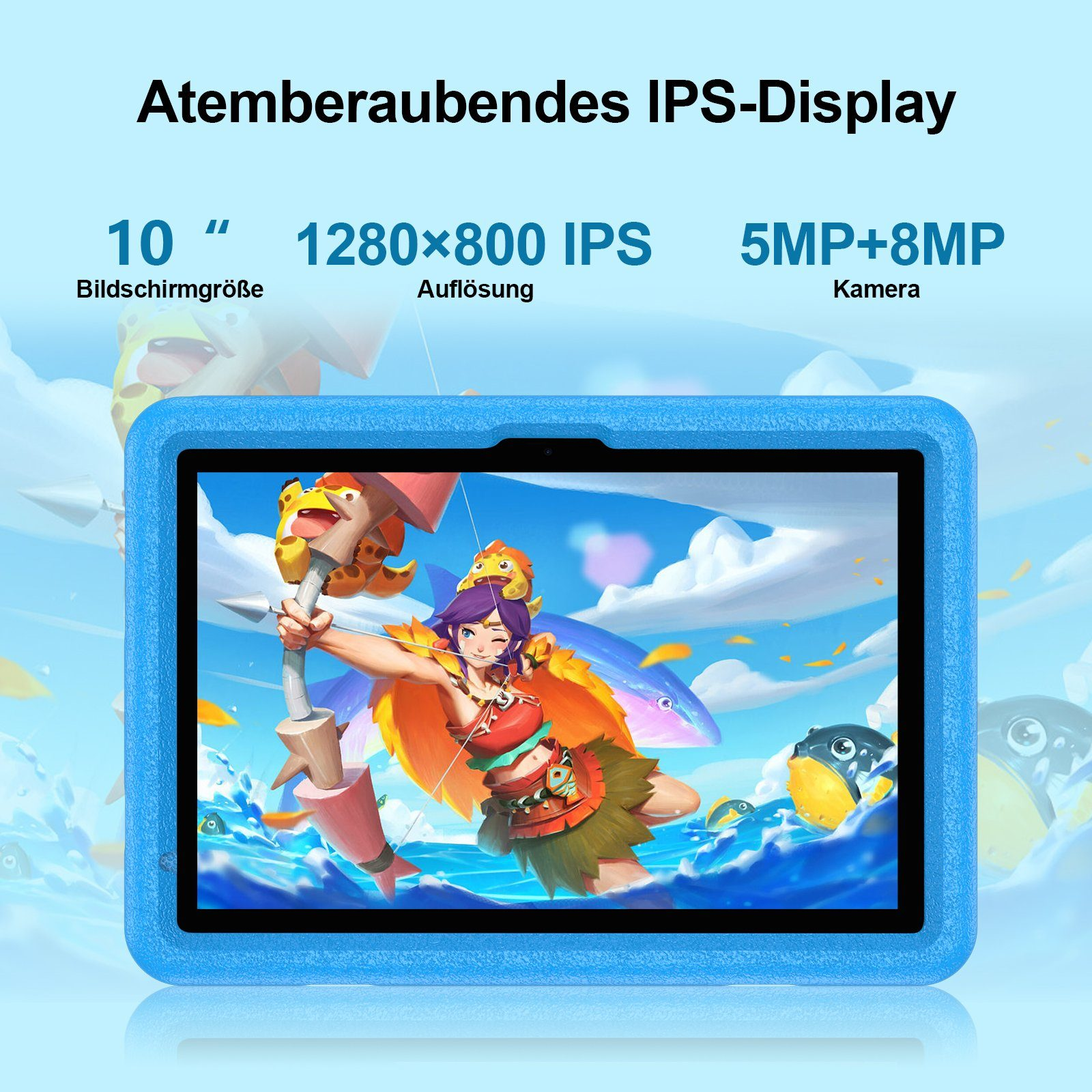 Blau gerahmtes Tablet. Das Display zeigt ein Cartoon-Mädchen mit Pfeil und Bogen, mit Fisch- und Ozeanhintergrund.