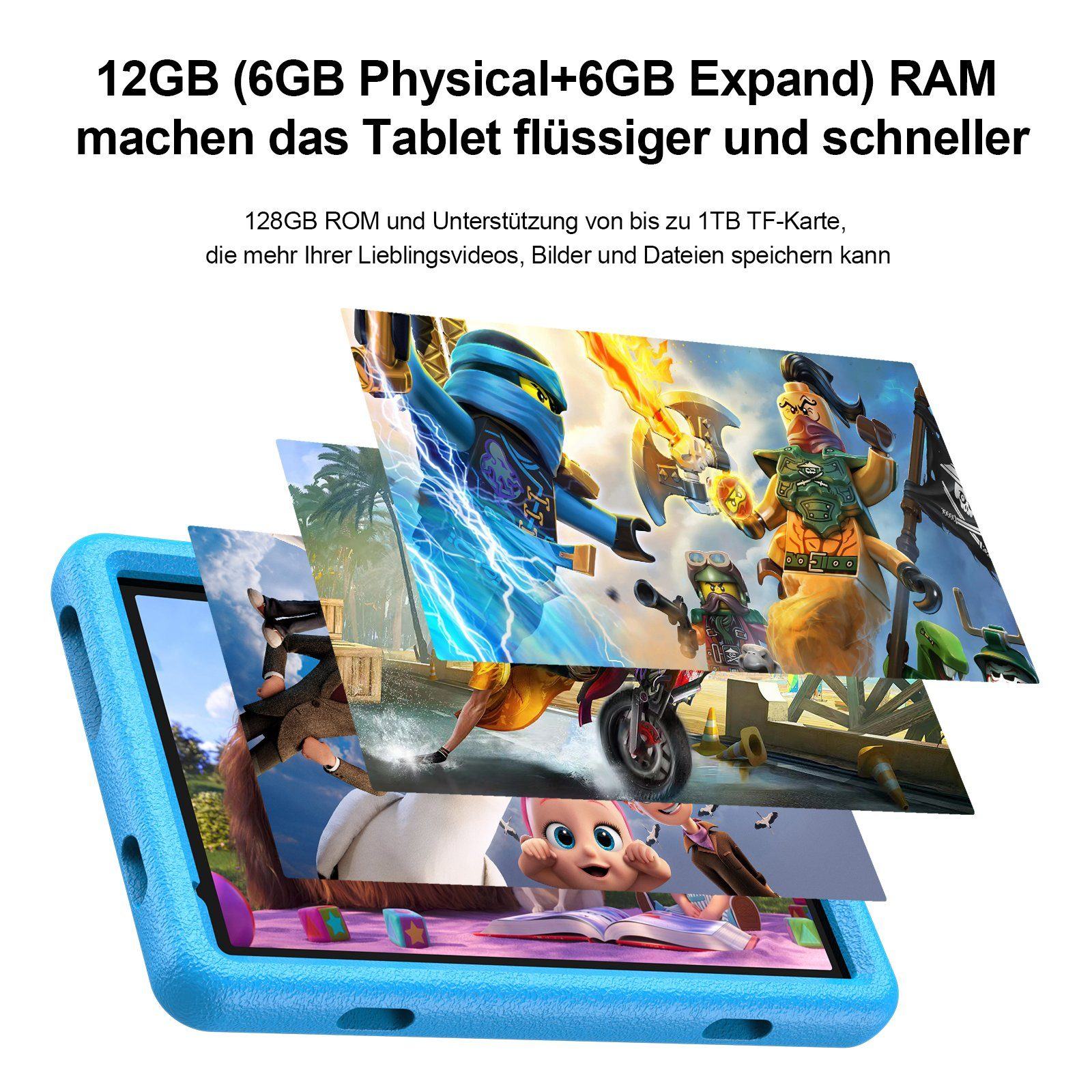 Ein blaues Tablet zeigt überlagerte Bilder von Cartoons und Actionszenen mit Text über RAM- und ROM-Spezifikationen.