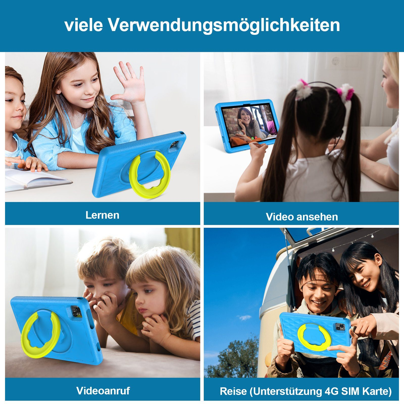 Das Bild zeigt Kinder, die Tablets zum Lernen, für Videoanrufe, zum Ansehen von Videos und auf Reisen benutzen. Die Tablets sind blau.