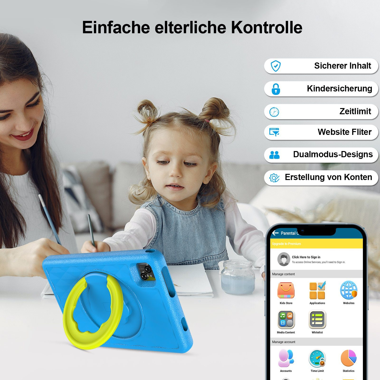Eine Frau und ein Kind benutzen ein Tablet. Das Tablet hat eine blaue Hülle mit gelbem Griff.