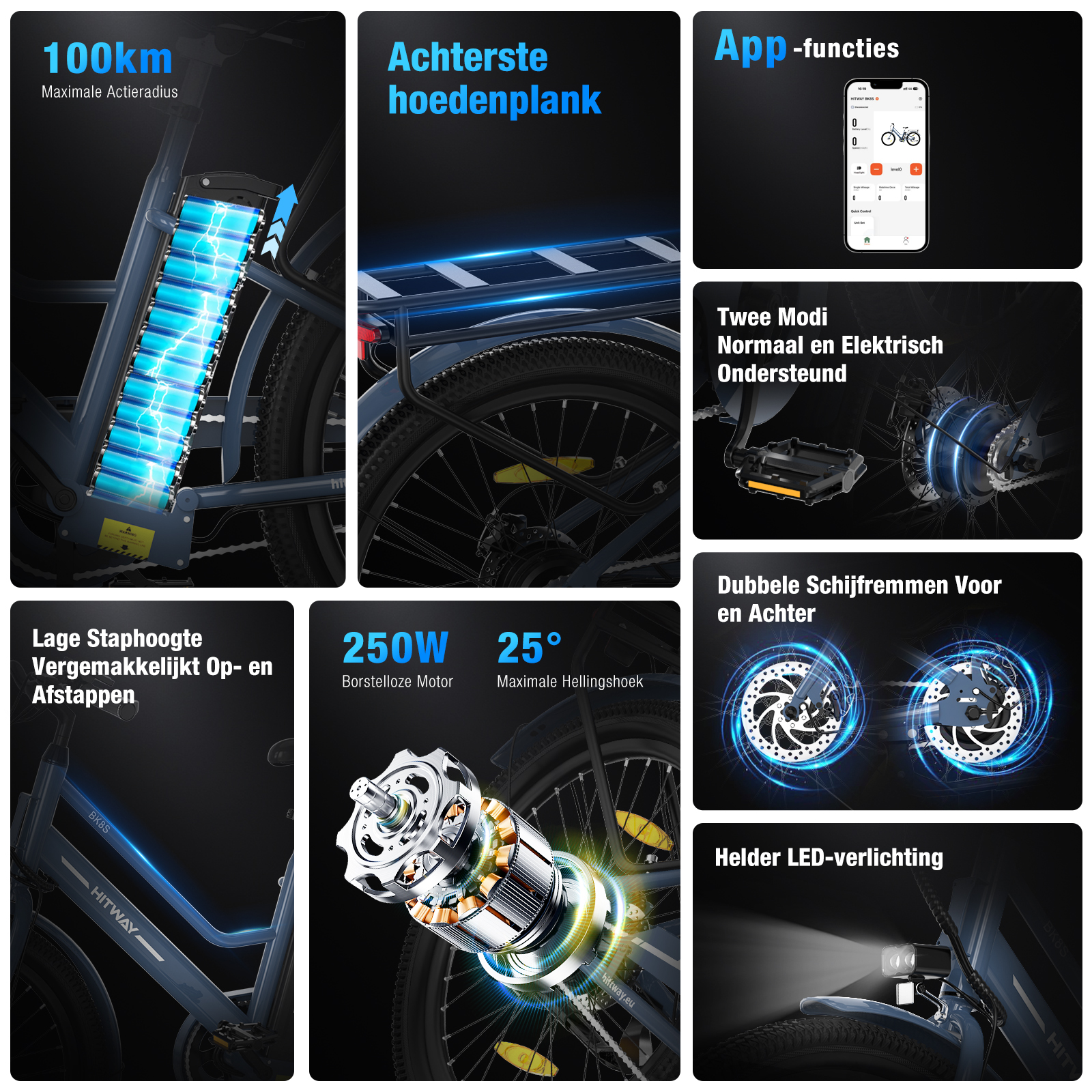An electric bicycle with text labels indicating features like battery range, app functions, and motor details.