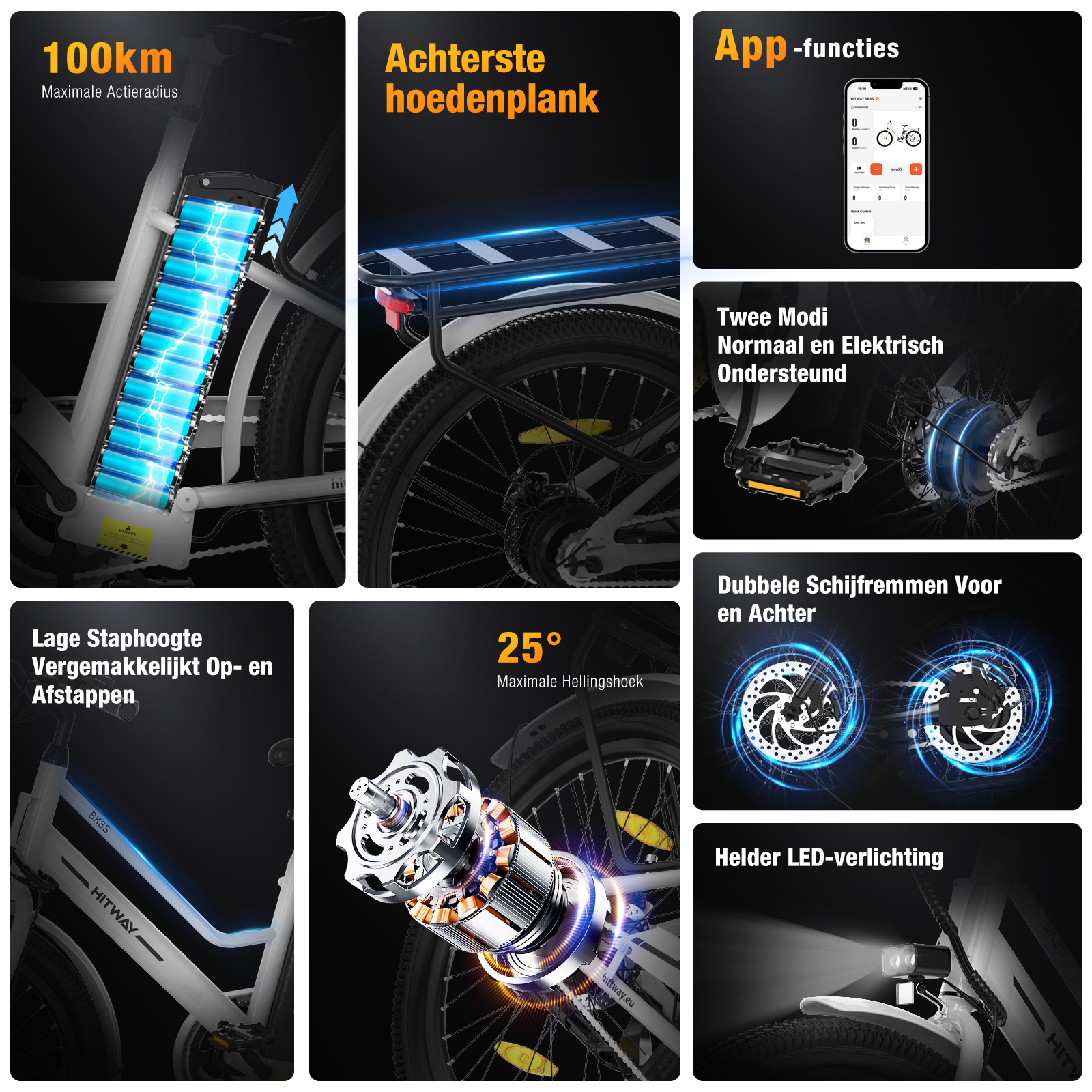 Un vélo électrique avec détails : batterie, porte-bagages, interface d'application, moteur, freins, marchepied bas et éclairage LED.