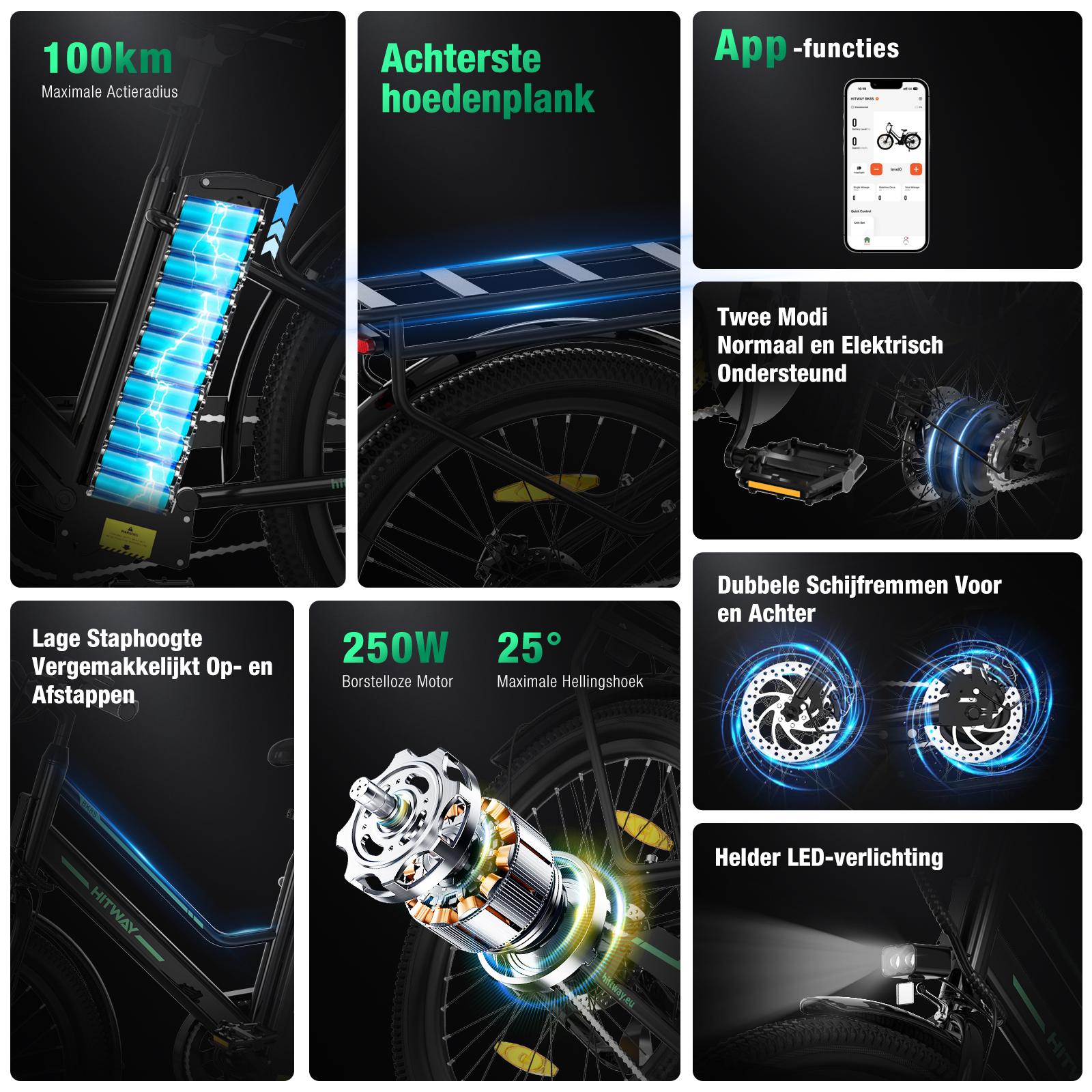 Détails des pièces de vélo électrique. Batterie, moteur, freins, lumières LED et interface d'application sont montrés. Caractéristiques mises en évidence.
