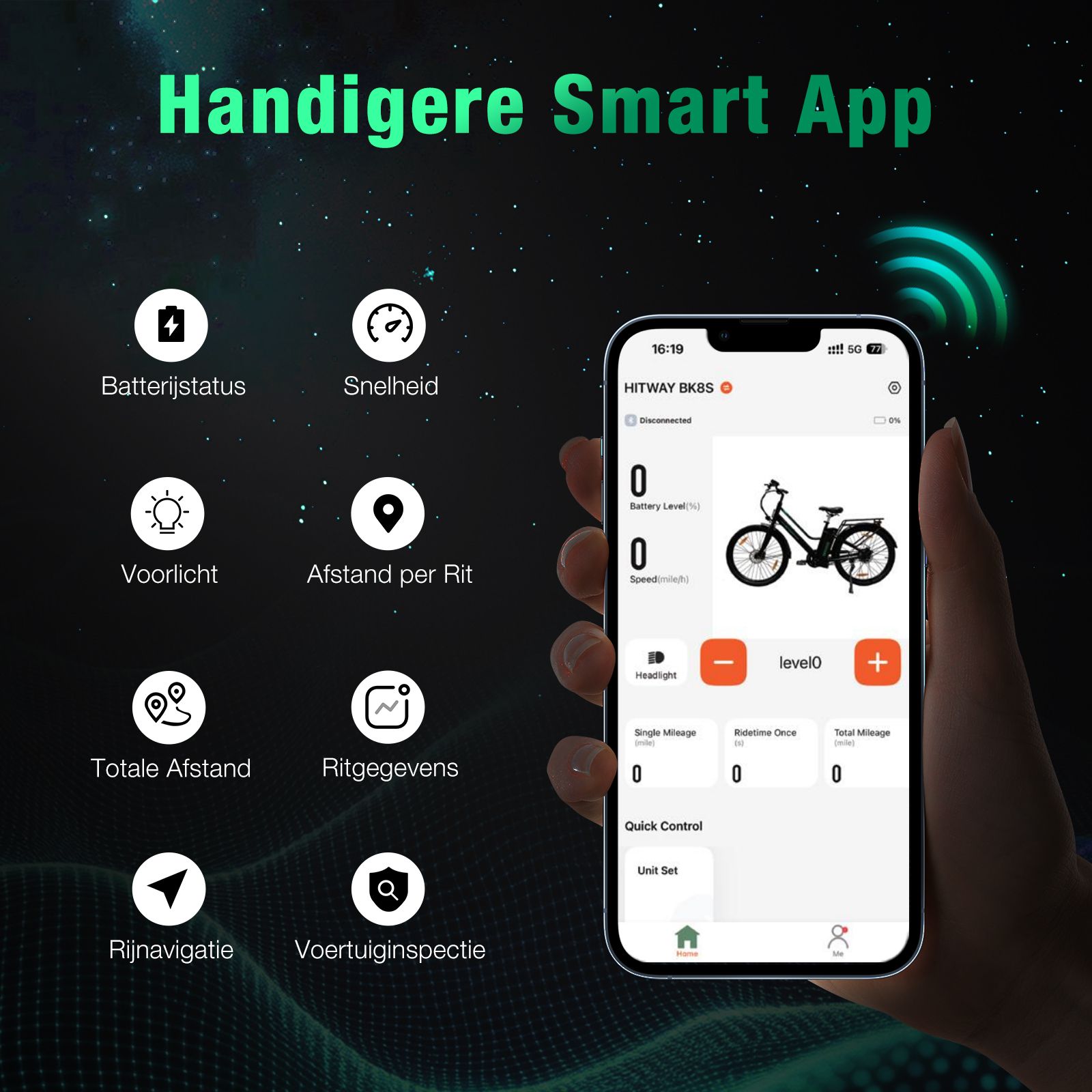 Une main tient un téléphone affichant une application de vélo. L'application affiche la batterie, la vitesse et d'autres données.