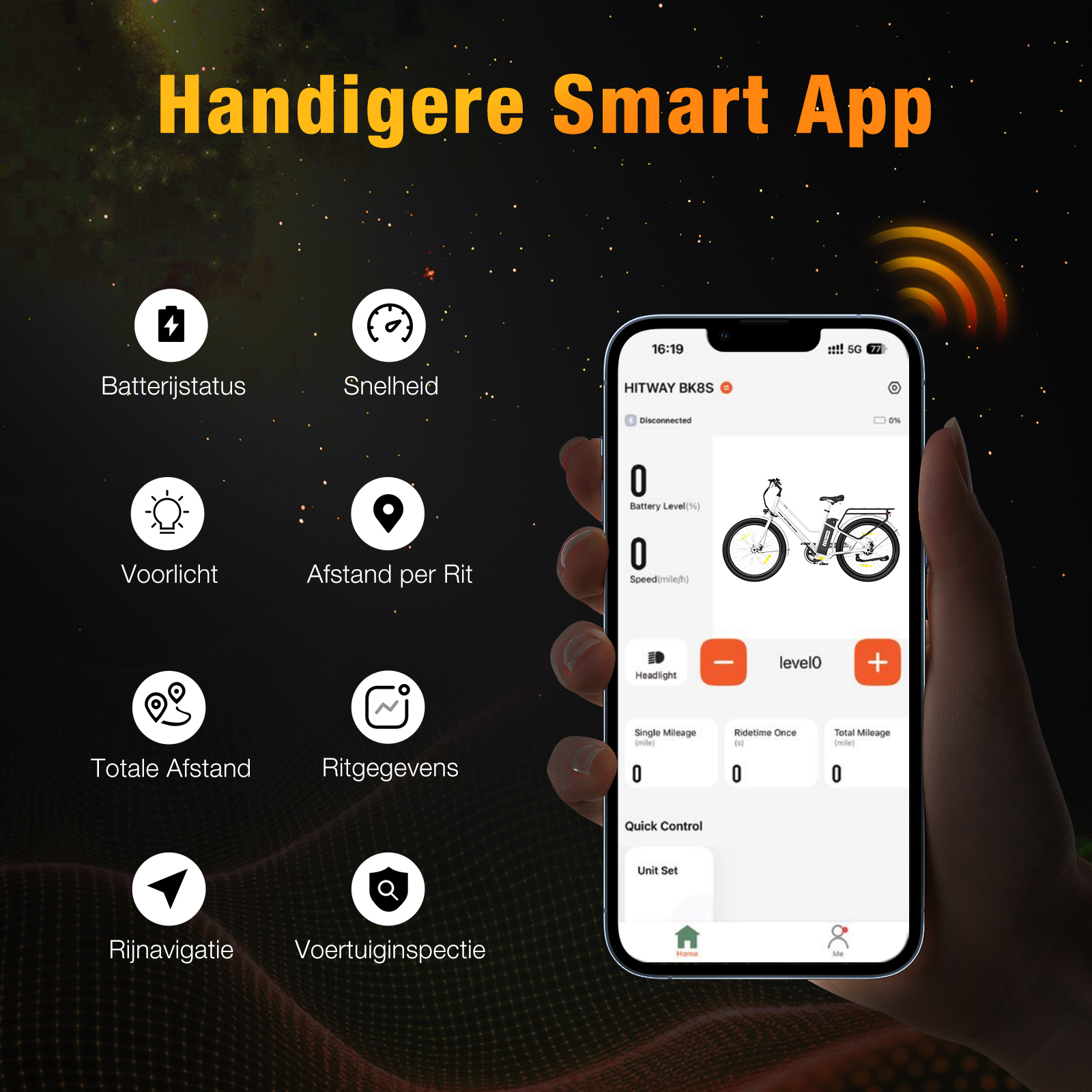 Un téléphone affiche une application de vélo électrique. Des icônes de batterie, de vitesse et d'autres fonctions sont visibles. Le fond est sombre avec des étoiles.