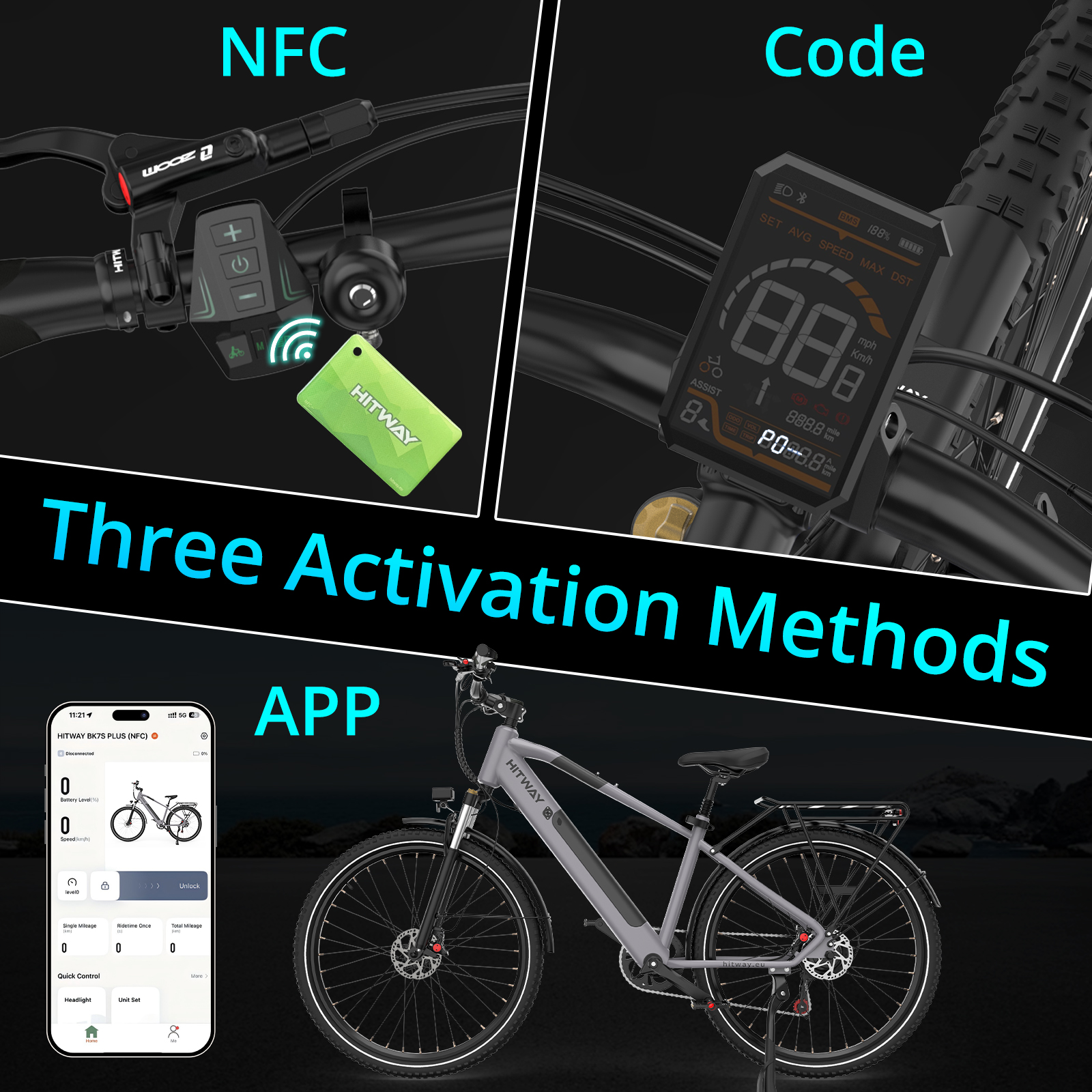 Image shows an e-bike, featuring NFC, code activation, and app control methods. Details include display and phone interface.