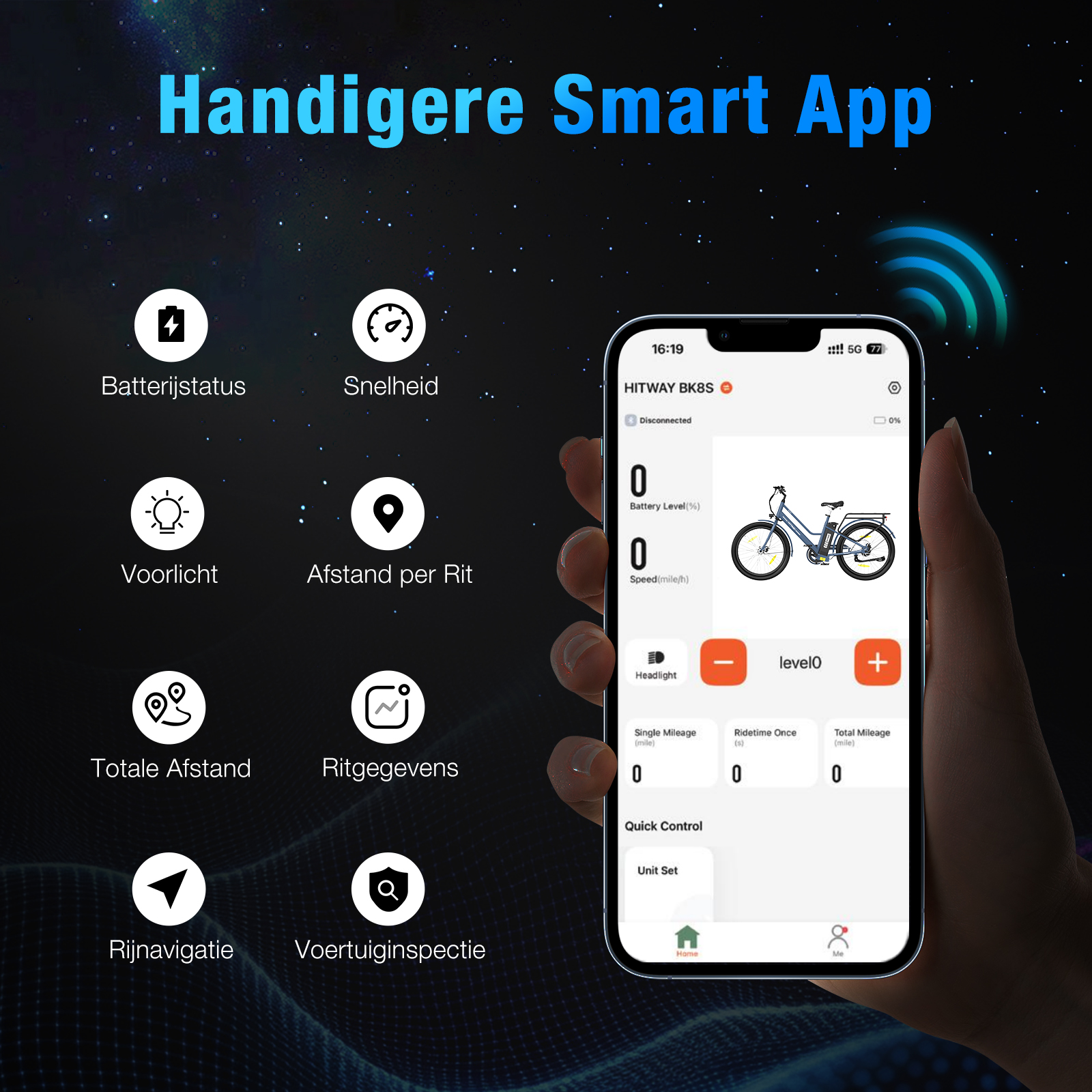 A smartphone app displays bike data: battery, speed, distance. It shows a bike graphic, and has control options.