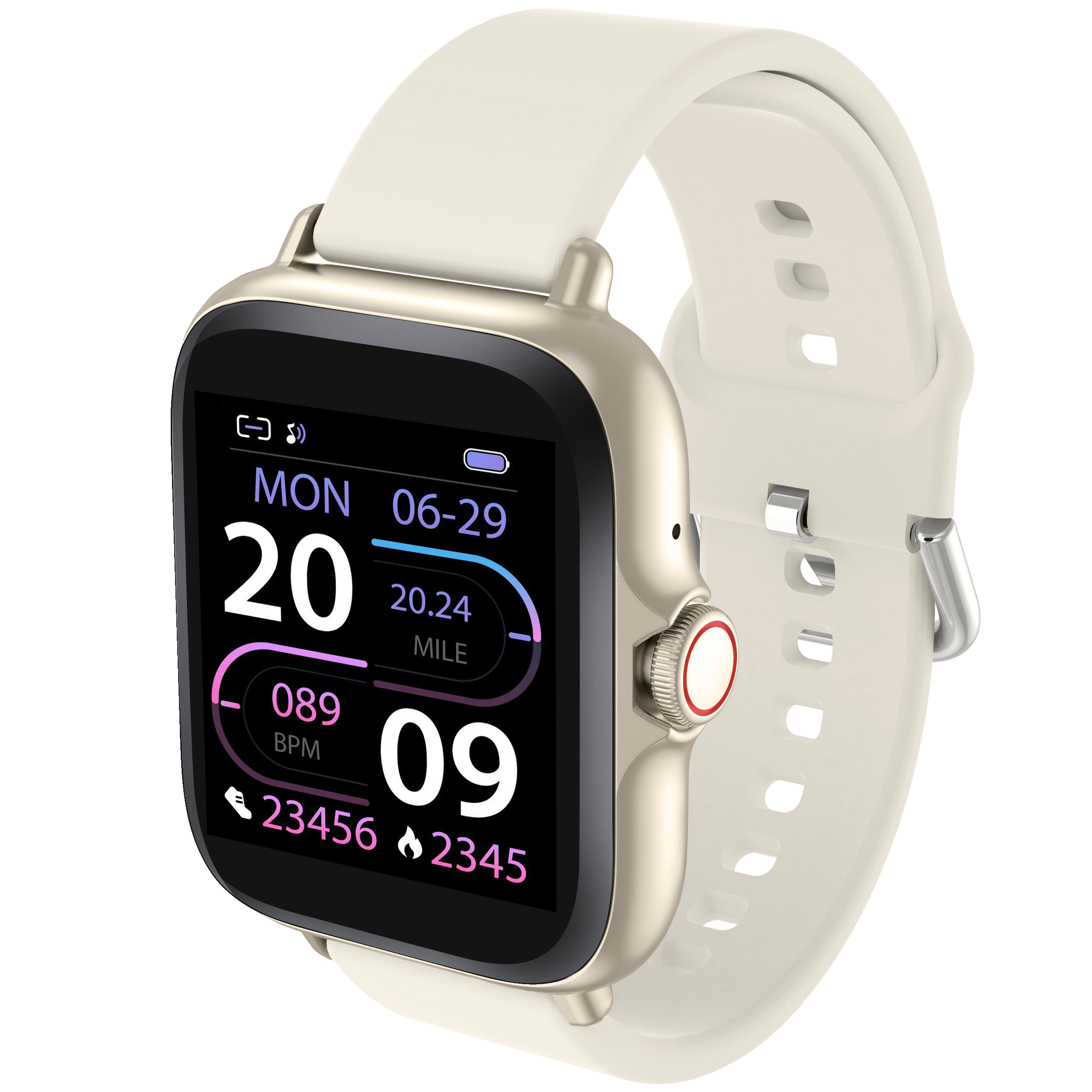 Een crèmekleurige smartwatch toont tijd, datum en gezondheidsstatistieken. Hij heeft een metalen rand, bijpassende band en een rode knop.