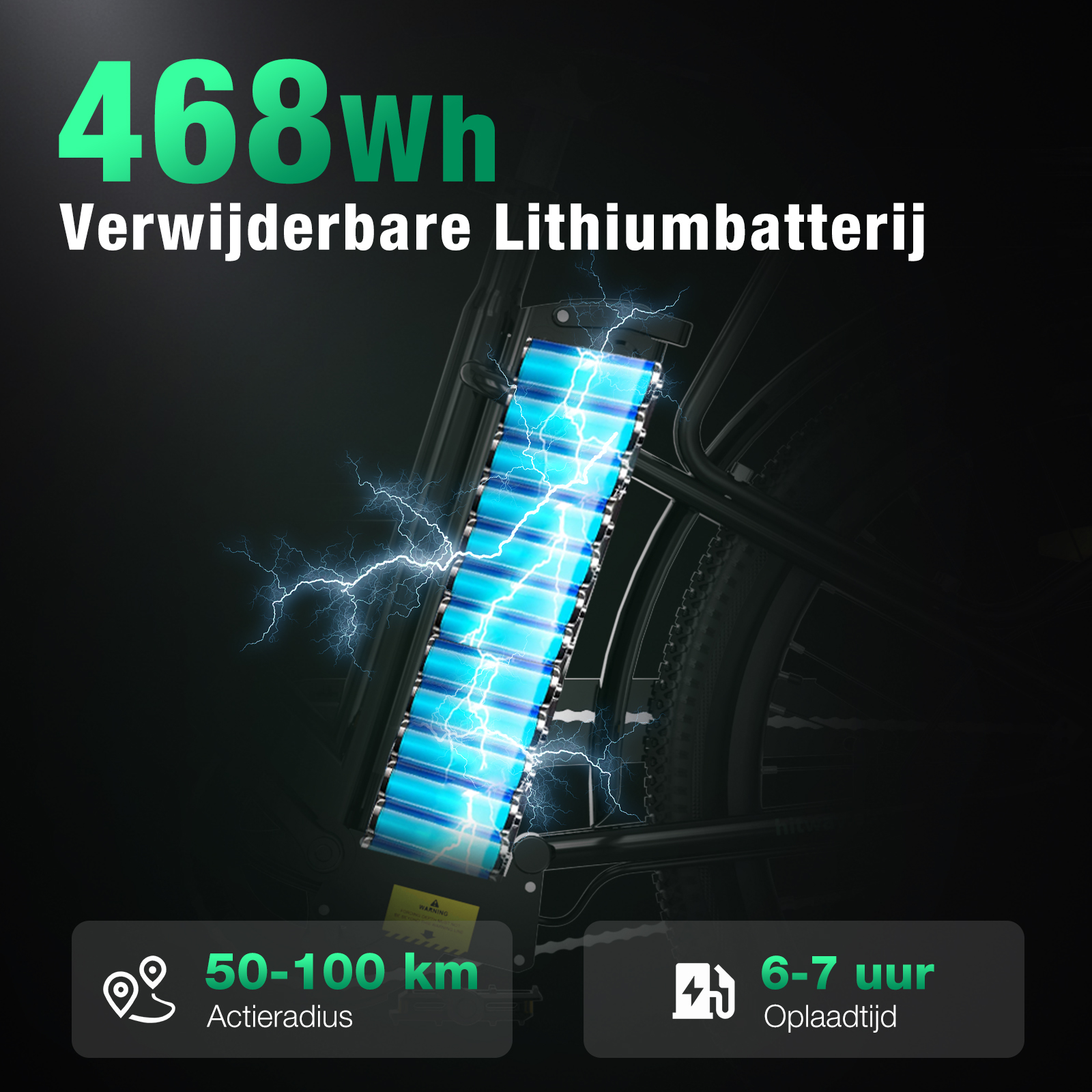 L'image montre un bloc batterie avec des effets d'éclair, le texte indique 468Wh, une autonomie de 50-100km et 6-7 heures de charge.
