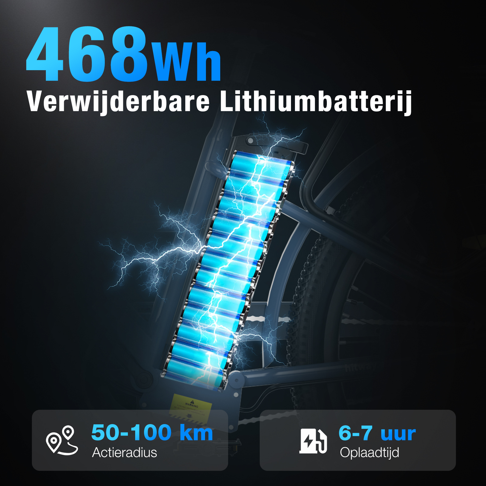 Image shows an e-bike battery with lightning effects. Text includes '468Wh', 'Removable Lithium Battery', '50-100 km', and '6-7 hour'.