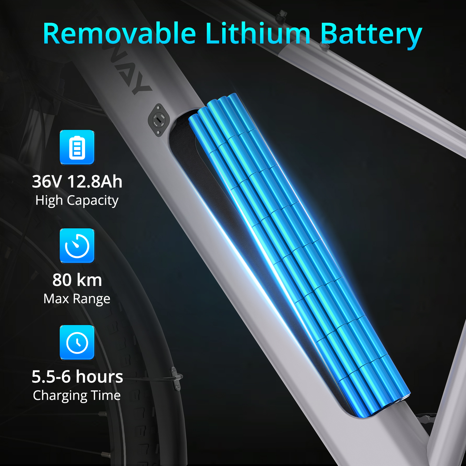 An electric bike frame with a removable blue battery pack. Info graphics display battery specs and range.