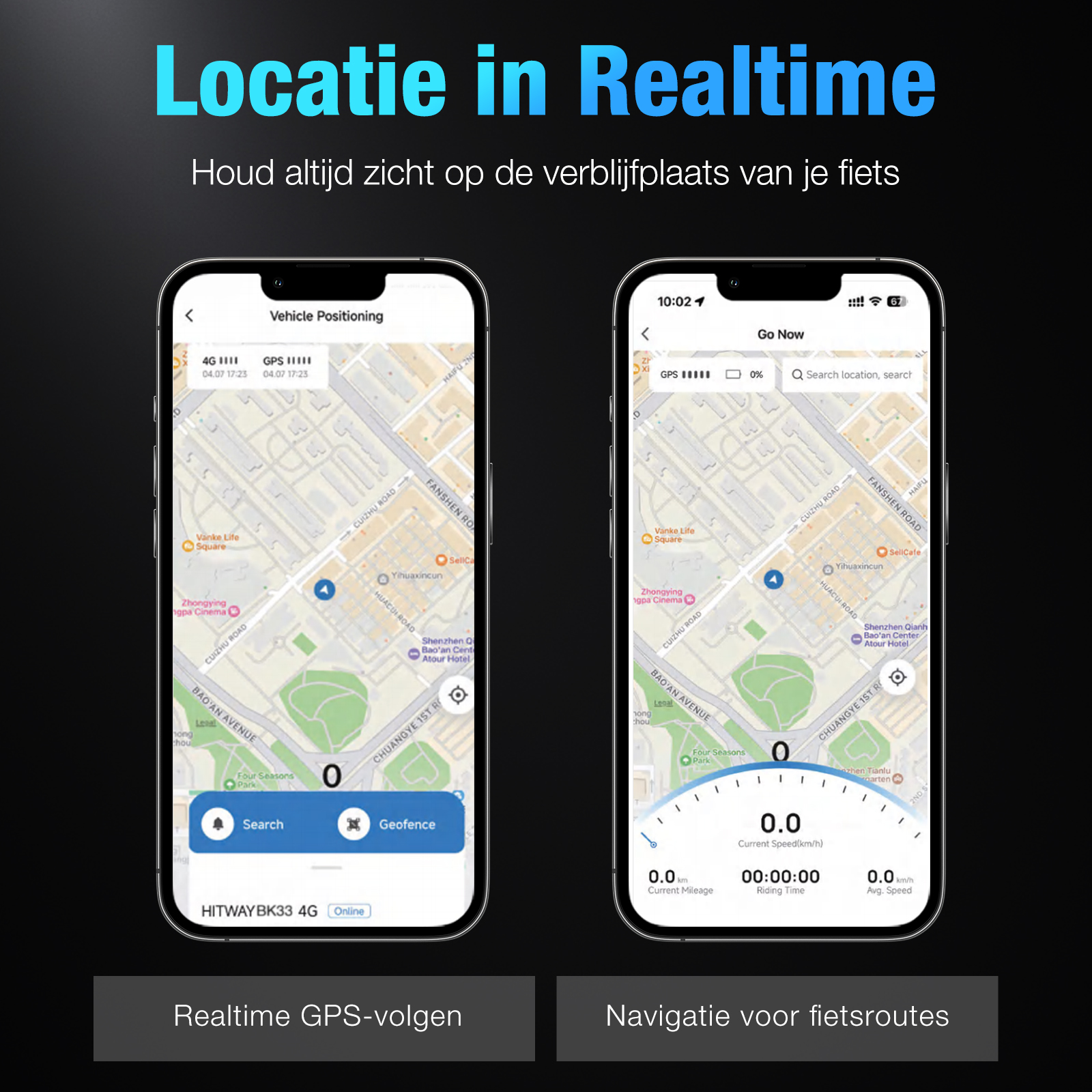 Twee telefoons tonen kaarten met locatietracering. Tekst: Locatie in Realtime, Realtime GPS-volgen, en Navigatie voor fietsroutes.