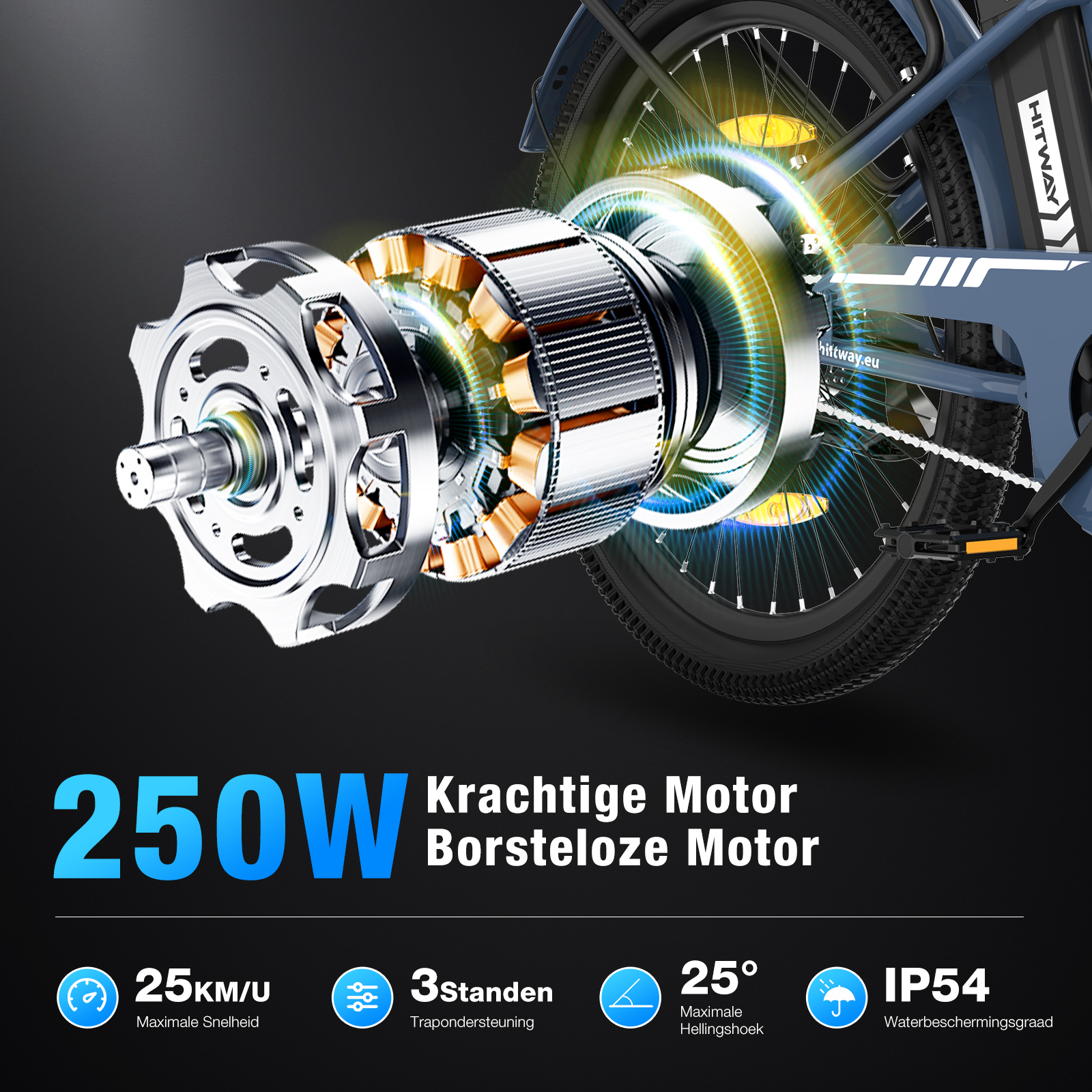 An e-bike motor is shown in detail, parts highlighted. Text provides specs: 250W, 25km/u, 3-speed, 25° incline, and IP54 water resistance.