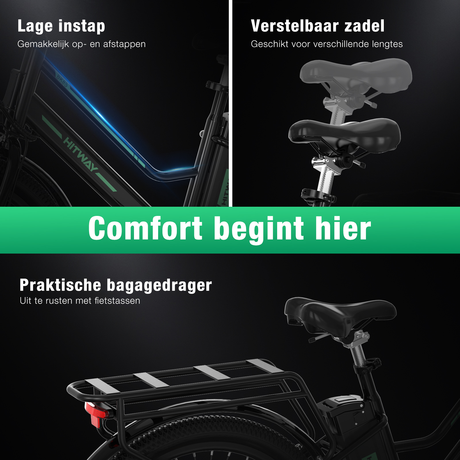 Un vélo avec selle réglable, porte-bagages et marchepied bas. Il est noir et a des détails verts.