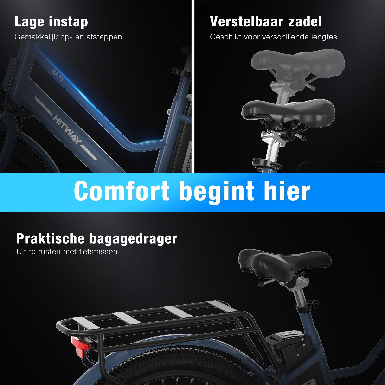 Image shows bike parts: adjustable seat, low step, and luggage carrier. Text highlights comfort and ease of use features.