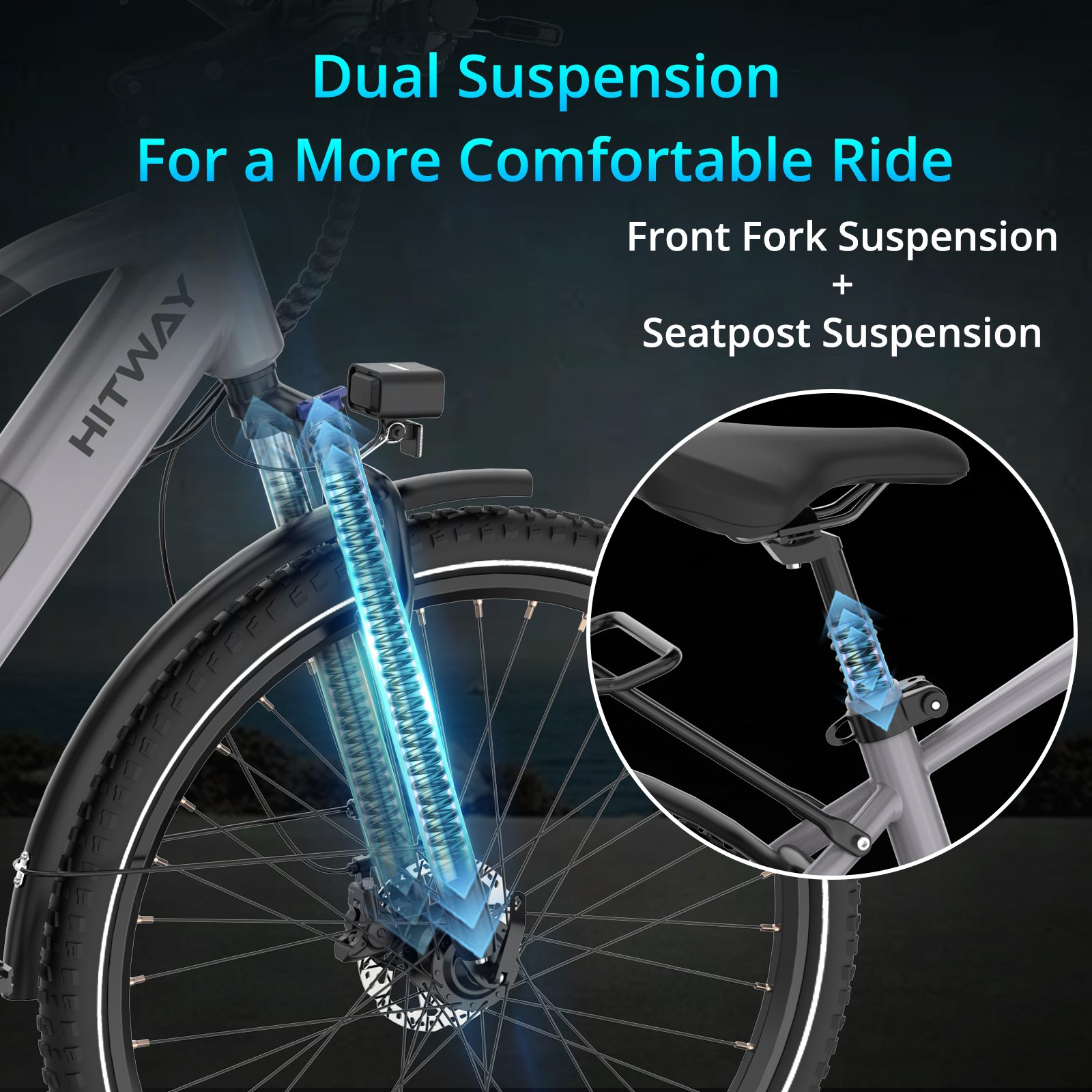 An electric bicycle with dual suspension. The image highlights the front fork and seatpost suspensions for a comfortable ride.