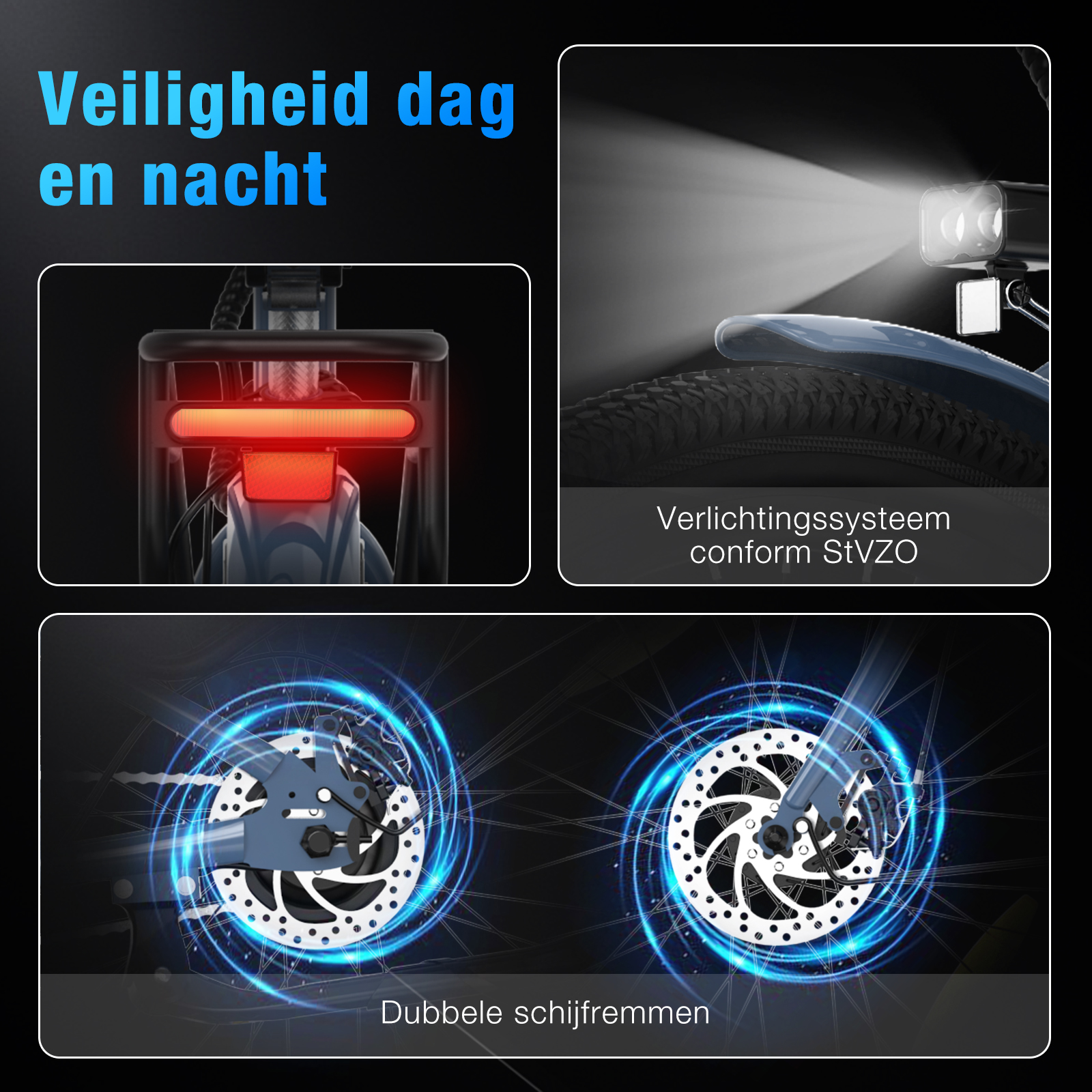 Image shows bike lights, rear light, and disc brakes. Text: Safety day and night. Captions in Dutch.
