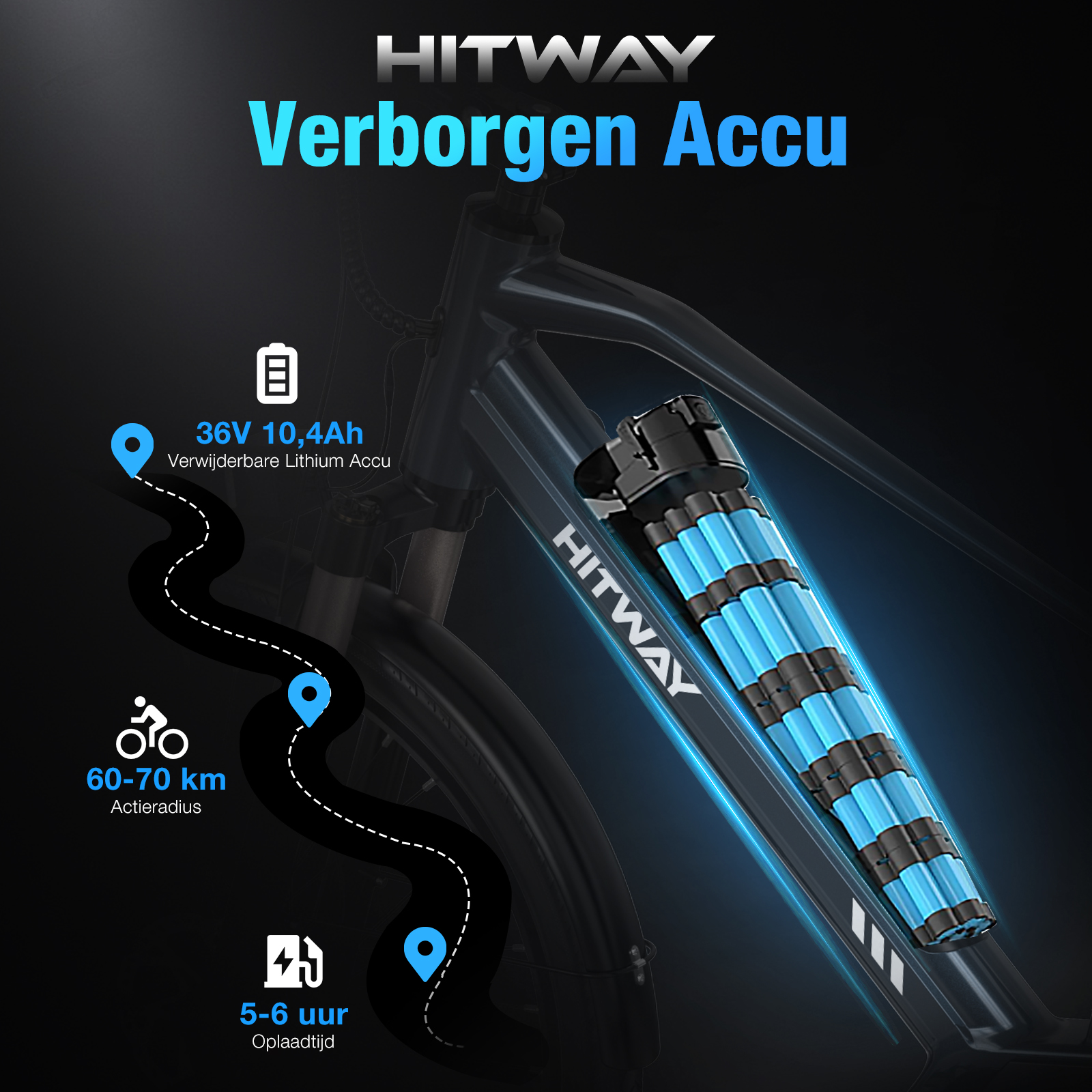 Afbeelding toont e-bike, blauwe verborgen batterij. Tekst geeft 36V batterij, 60-70km bereik en 5-6u opladen aan.