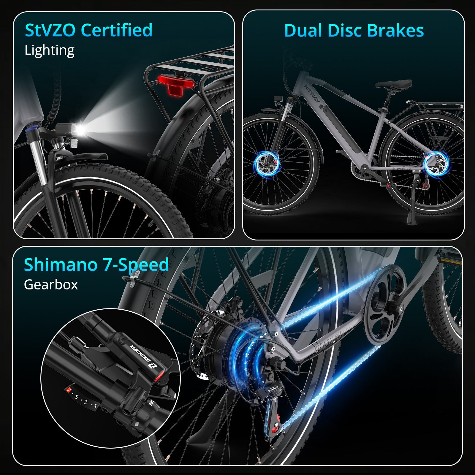 An electric bicycle showing StVZO lighting, dual disc brakes, and a Shimano 7-speed gearbox, against a dark background.