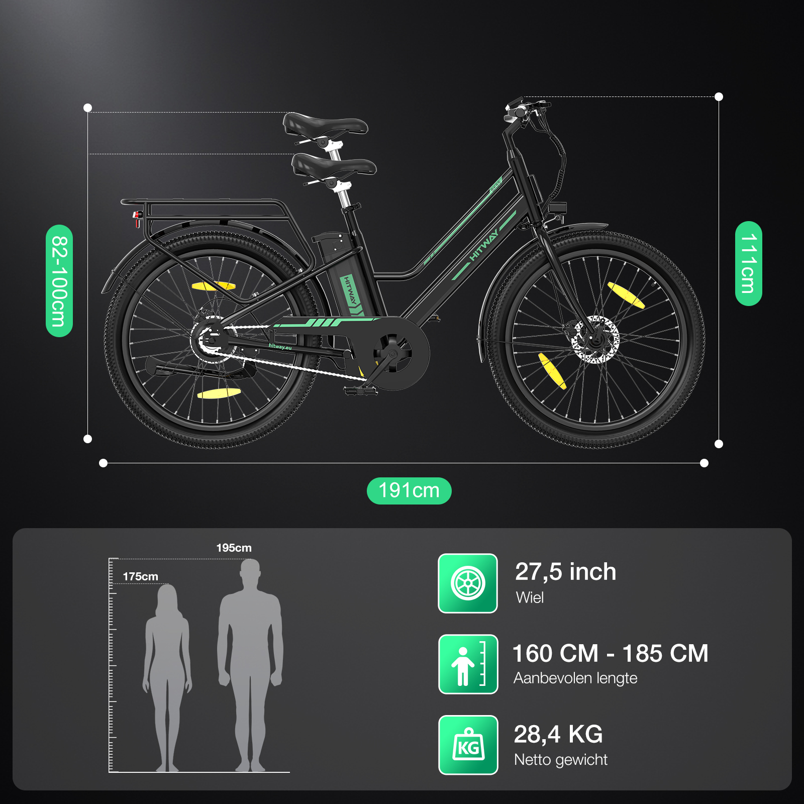 Un vélo électrique avec cadre noir et accents verts. Dimensions affichées avec une silhouette humaine.