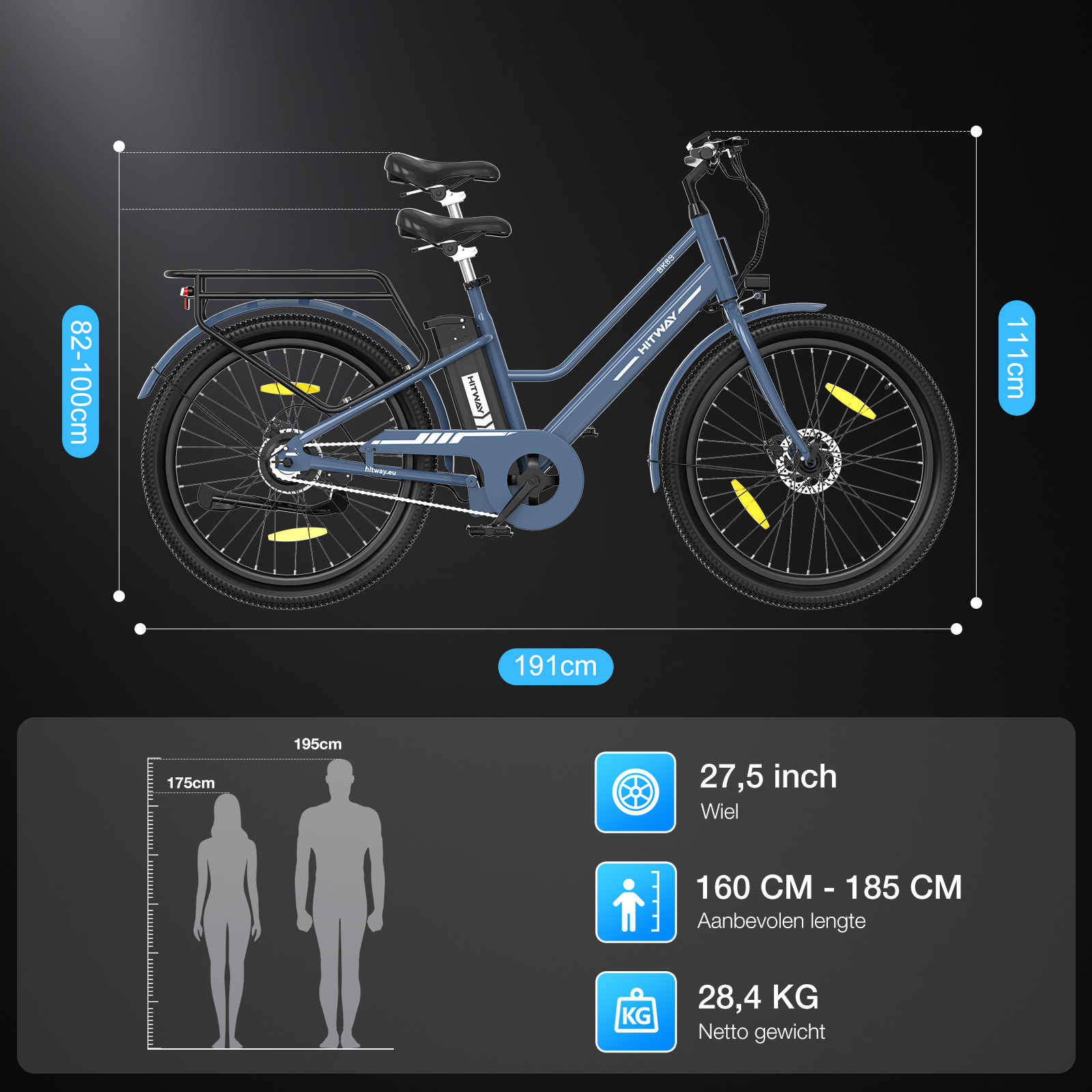 A blue HITWAY e-bike, with measurements and size recommendations displayed. It has black tires and two seats.