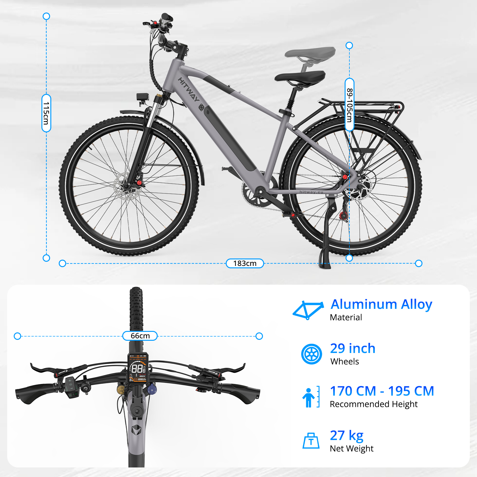 A gray HITWAY electric bike with black tires and components. Dimensions are displayed with measurements in cm and specifications.