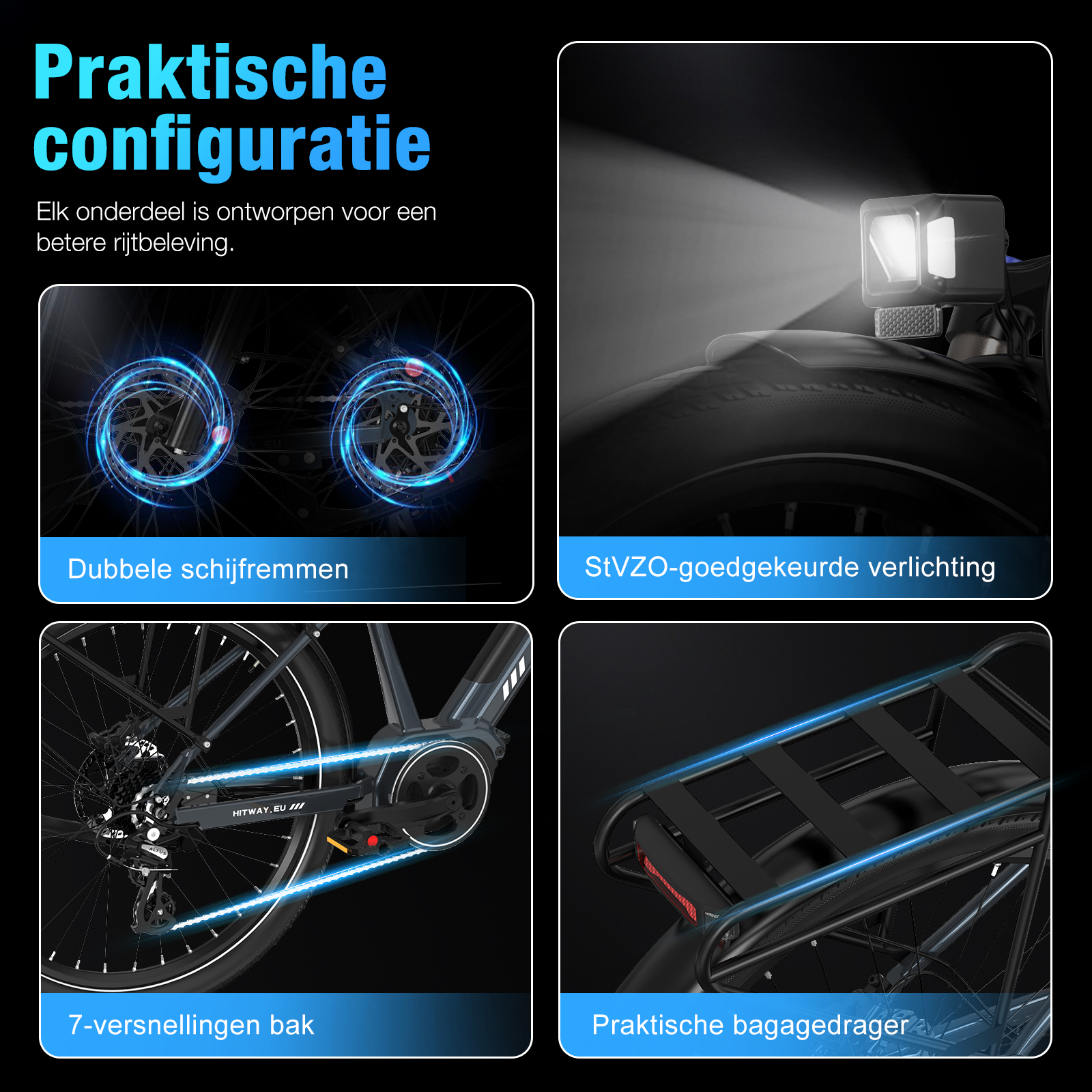 Afbeelding toont fietsonderdelen: remmen, lichten, versnellingen en bagagedrager, met beschrijvende labels.