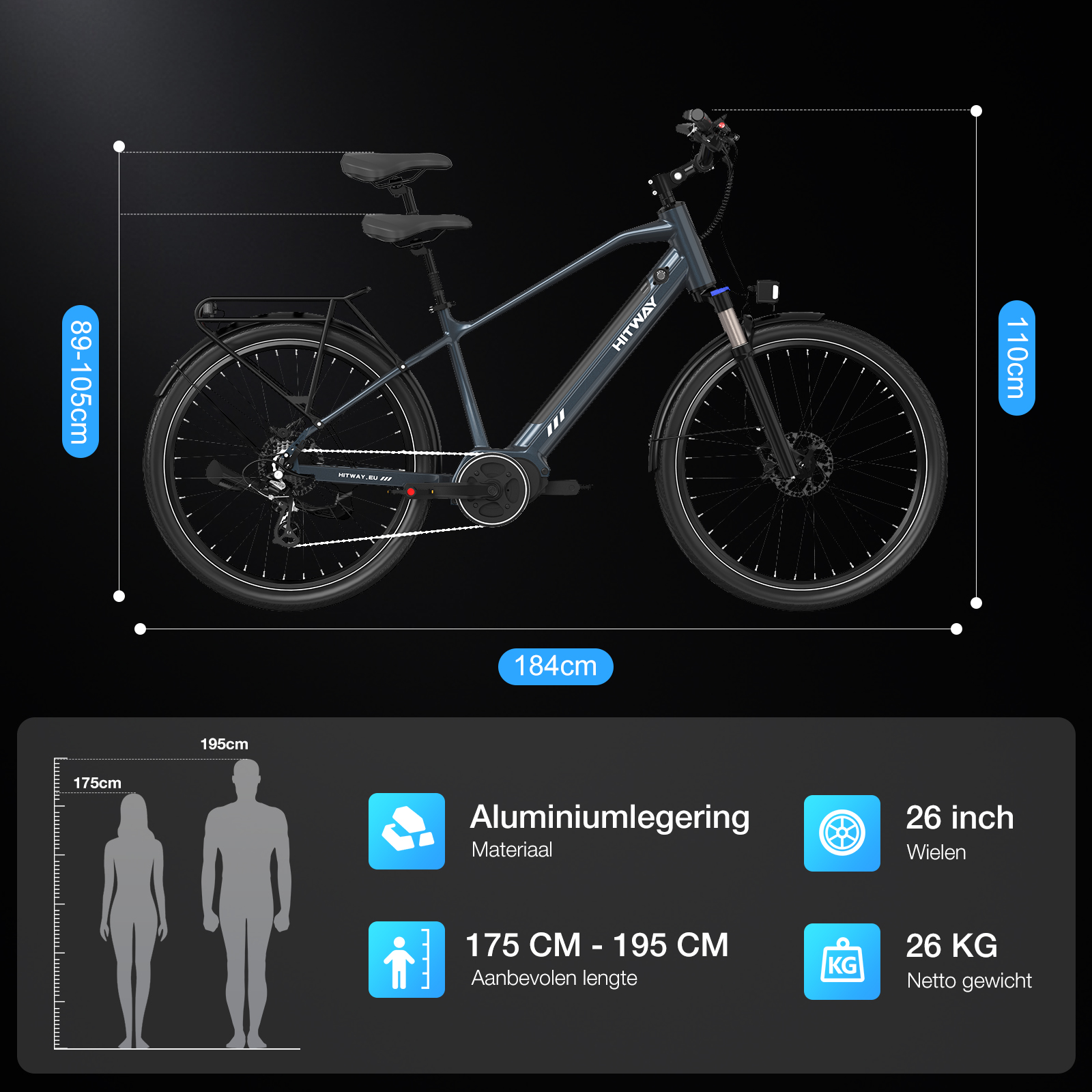 Grijze HITWAY elektrische fiets met afmetingen en specificaties op een zwarte achtergrond.