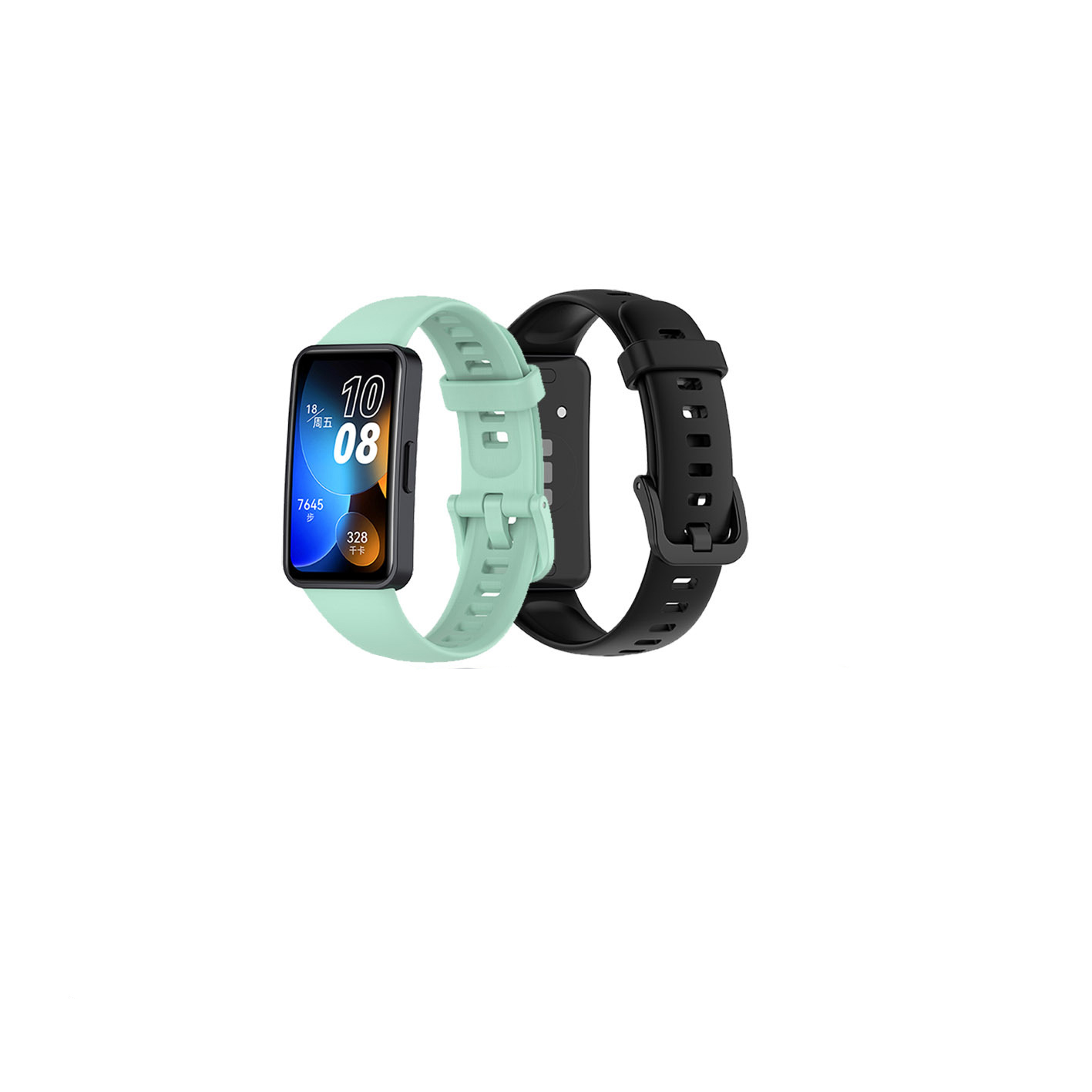 Zwei Smartwatches: eine mintgrüne, die andere schwarz. Mintgrüne Uhr zeigt die Zeit. Weißer Hintergrund.