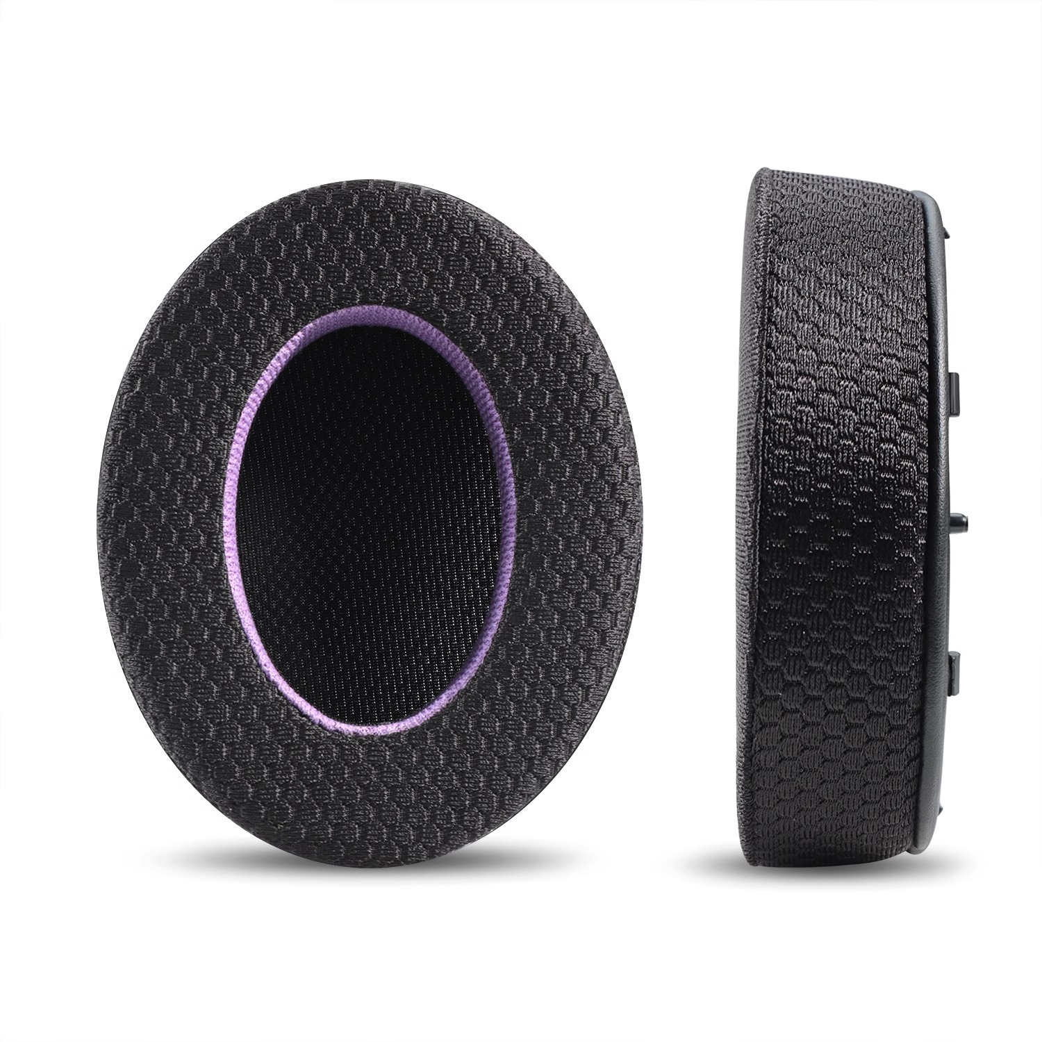 Dwie czarne poduszki do słuchawek, jedna przodem z fioletowym wewnętrznym pierścieniem, a druga z boku, obie na białym tle.