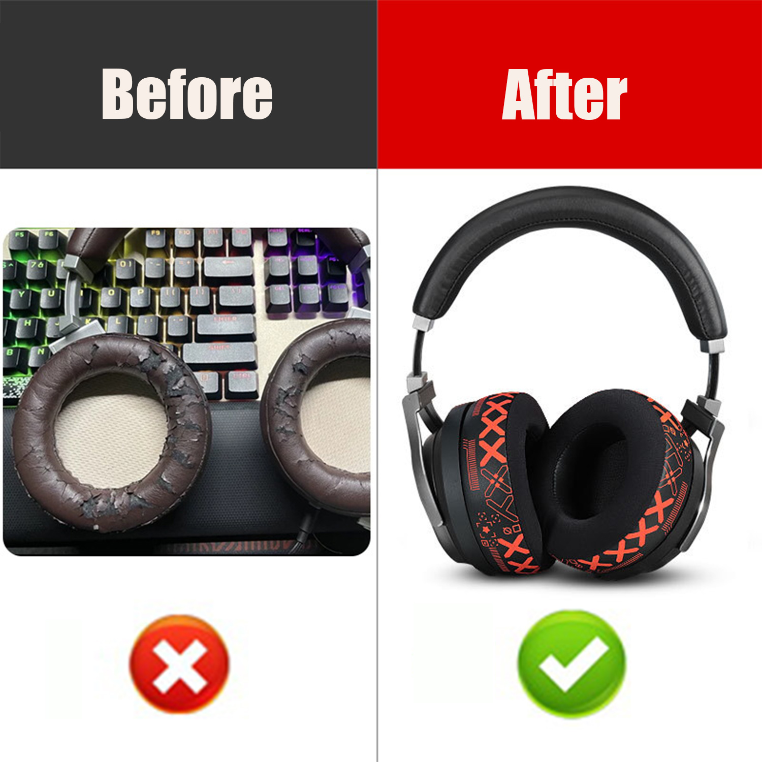 Obrazek pokazuje nauszniki słuchawek przed i po. Przed: zużyte poduszki na klawiaturze. Po: nowy zestaw słuchawkowy z pomarańczowymi akcentami.
