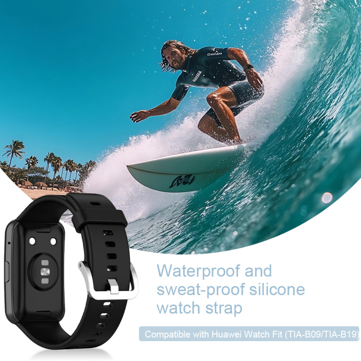 Surfer jedzie na fali. Czarny zegarek na pierwszym planie. Tekst: Wodoodporny i odporny na pot silikonowy pasek do zegarka.