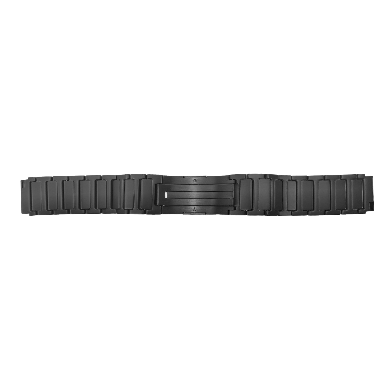 Nahaufnahme eines schwarzen Uhrenarmbands auf weißem Hintergrund. Das Armband besteht aus verbundenen rechteckigen Gliedern.