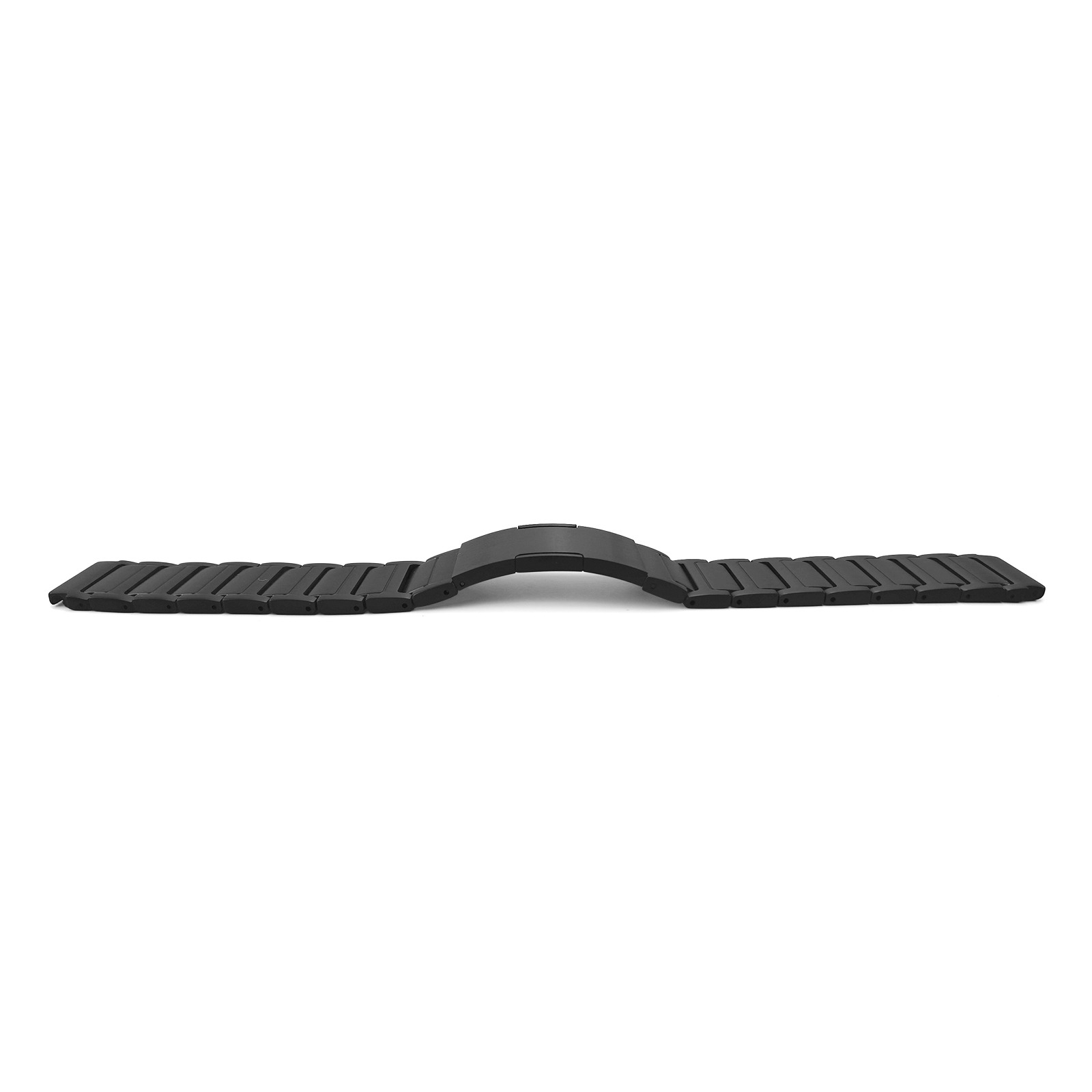 Ein schwarzes Uhrenarmband liegt auf einer weißen Oberfläche. Es ist in der Mitte gebogen und segmentiert.