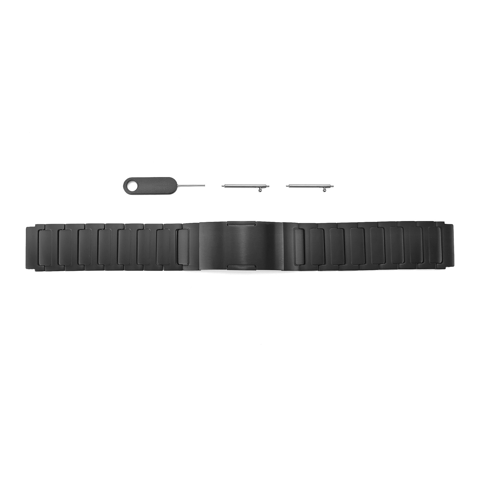 Schwarzes Uhrenarmband mit Verschluss und drei Werkzeugen. Das Band besteht aus rechteckigen Gliedern. Werkzeuge zur Bandanpassung.