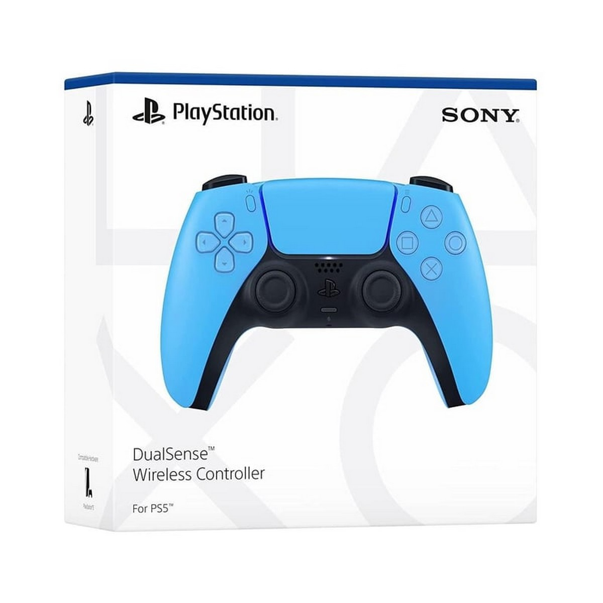 Niebieski kontroler bezprzewodowy PlayStation DualSense w białym pudełku. Pudełko ma logo PlayStation i Sony.