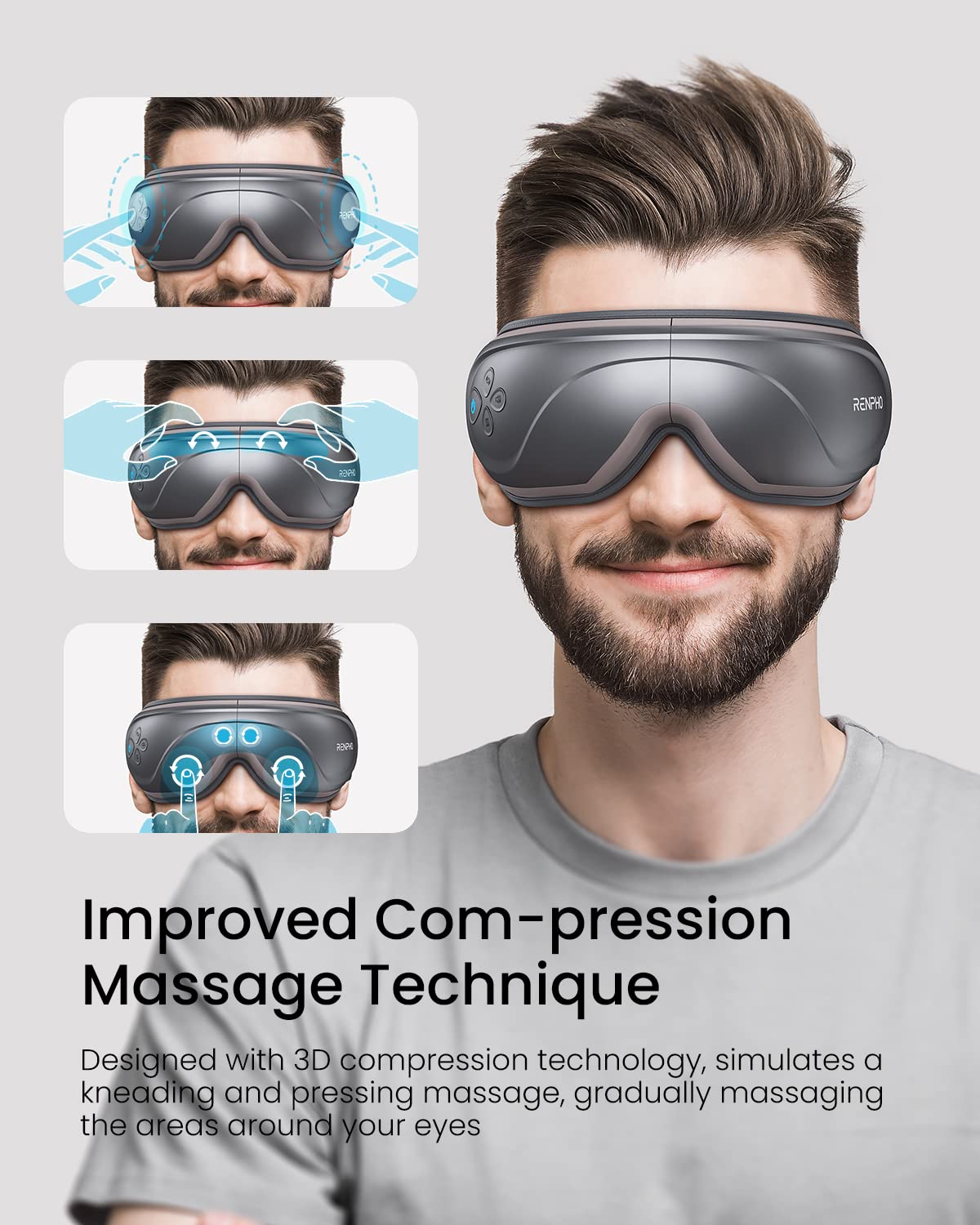 Mann mit Augenmassagegerät, Diagramme zeigen Massageaktion. Text: 'Verbesserte Kompressionsmassagetechnik'.