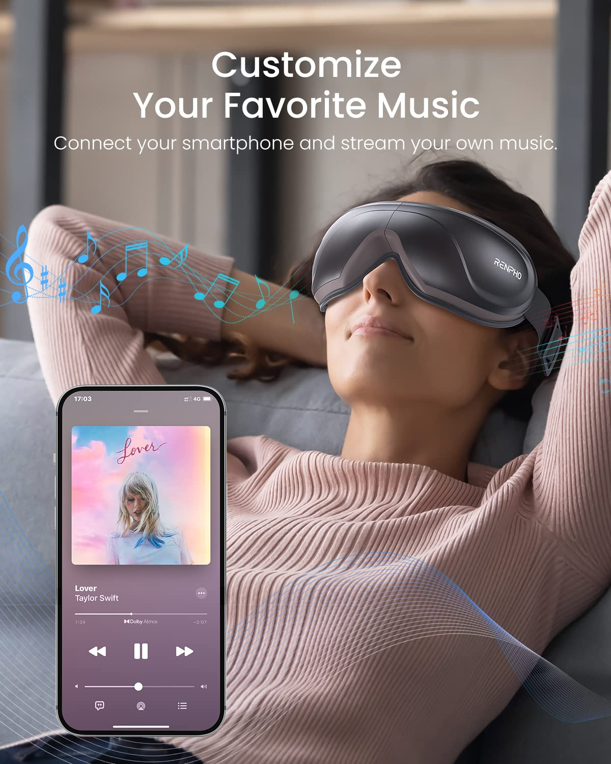 Frau mit Augenmaske hört Musik auf dem Handy. Song ist 'Lover' von Taylor Swift. Text sagt 'Passe deine Lieblingsmusik an'.