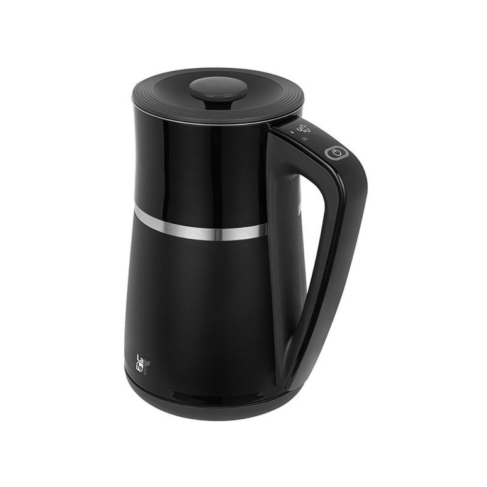 Un bollitore elettrico nero con manico e striscia argentata. Ha un coperchio rotondo e un display digitale.