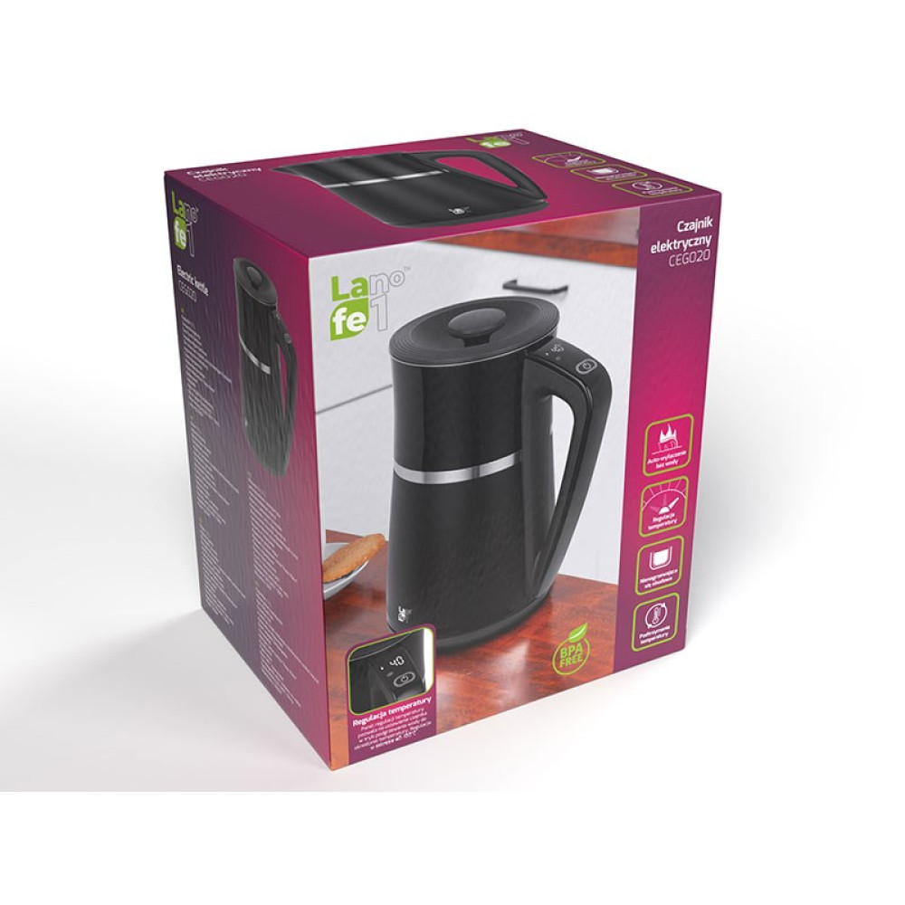 Una scatola con un bollitore elettrico nero. La scatola ha il marchio Lano fe1. Il bollitore ha una fascia argentata e un manico.