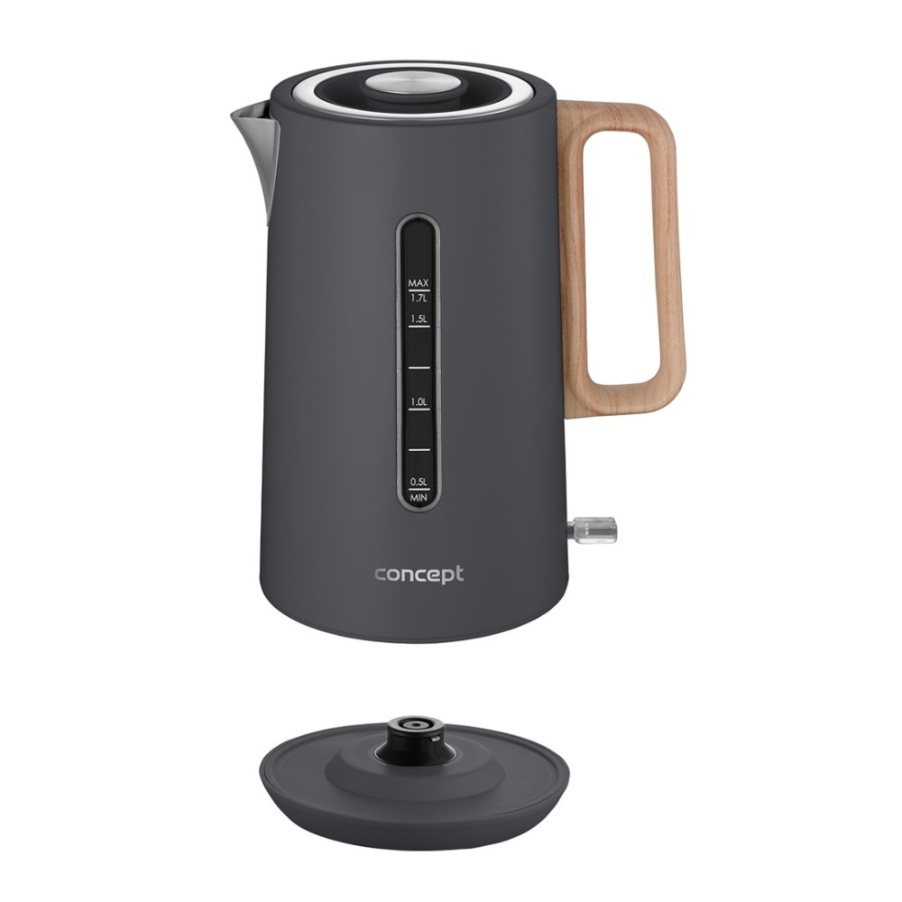 Szary czajnik elektryczny z drewnianym uchwytem. Podstawa jest oddzielna. Czajnik ma wskaźnik poziomu wody.