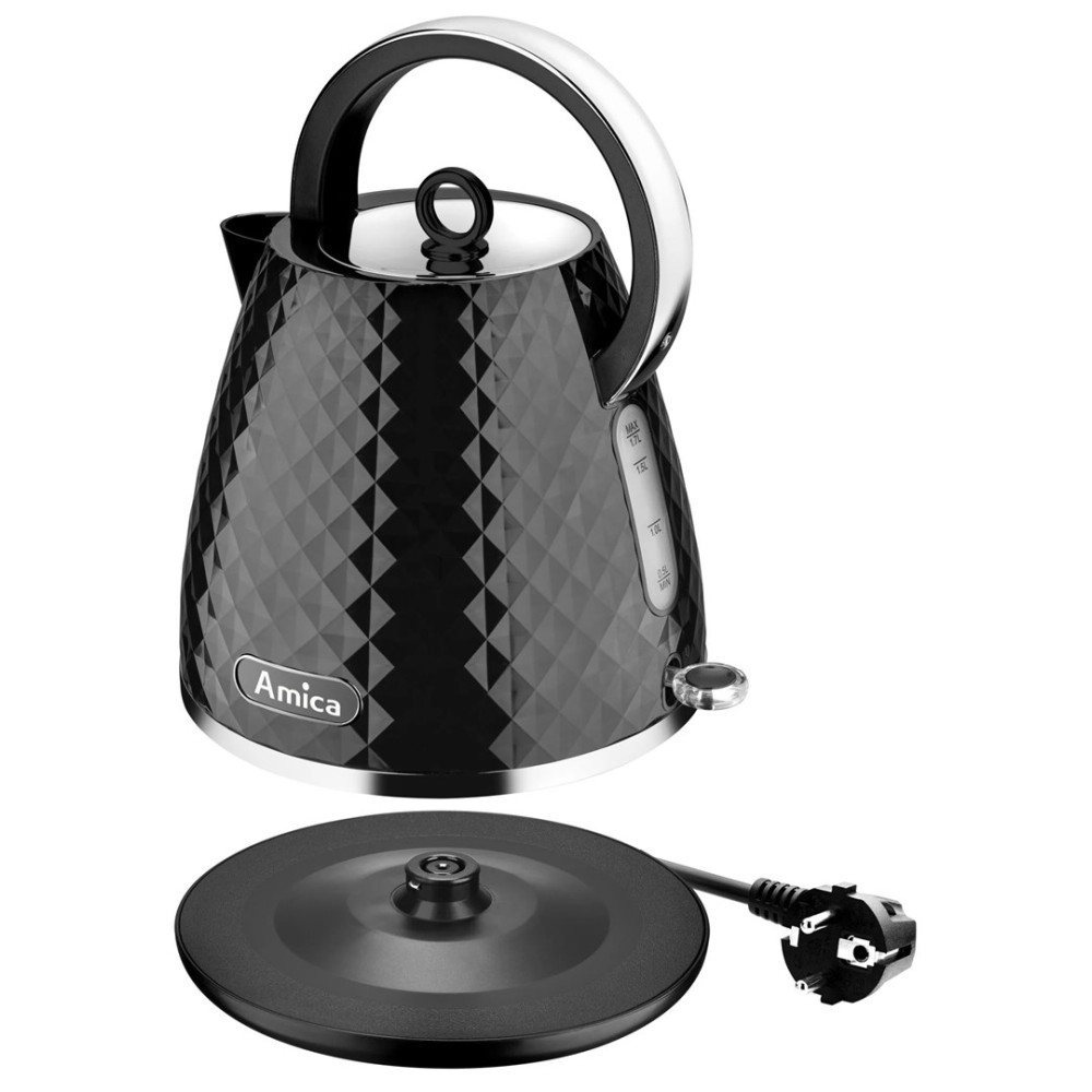 Bollitore elettrico Amica nero con motivo a diamante, manico e coperchio cromati, su base nera con cavo di alimentazione.