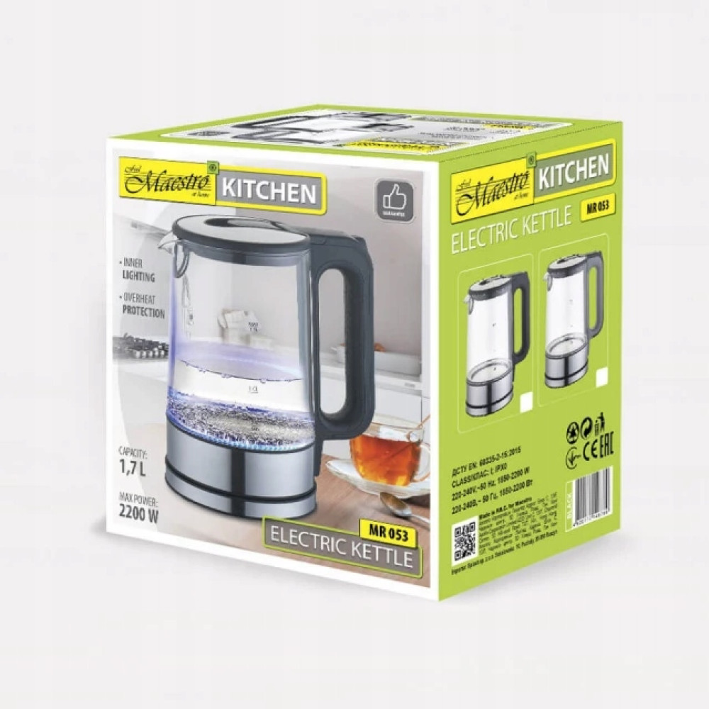 Bollitore elettrico in scatola con livello dell'acqua visibile. Con illuminazione interna e protezione da surriscaldamento. Capacità: 1,7L, Potenza max: 2200W.