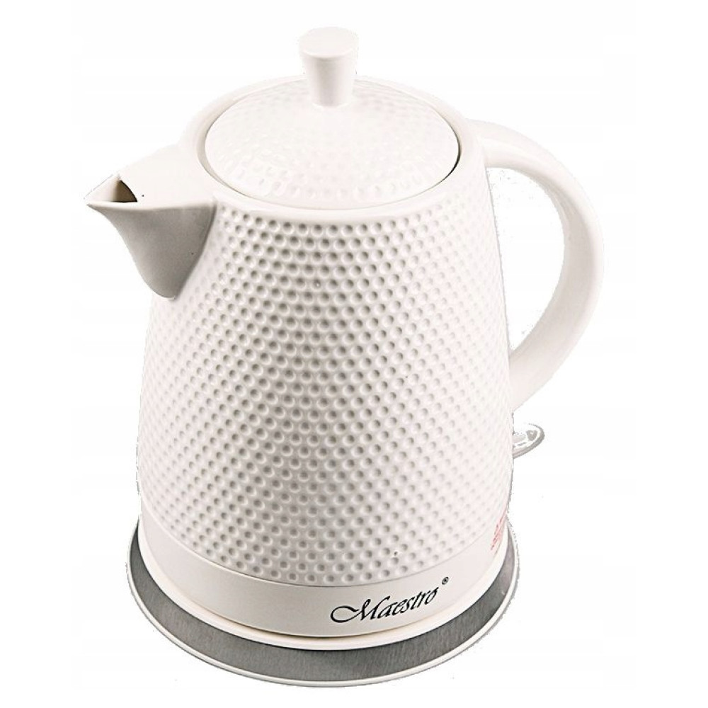Biały czajnik elektryczny z teksturowaną powierzchnią, uchwytem i wylewką. Na podstawie widnieje marka 'Maestro'.