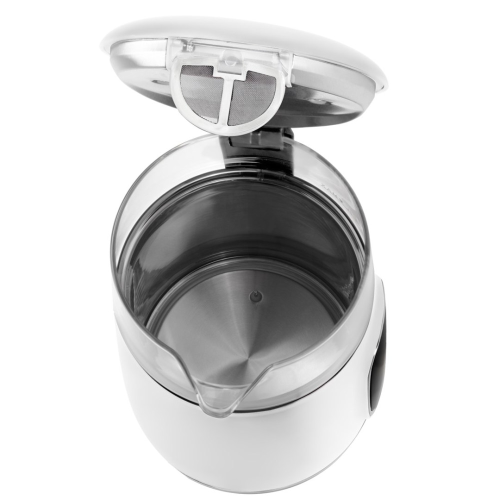 Biały czajnik elektryczny, otwarty, pokazuje wnętrze z filtrem i wylewką. Pokrywka otwarta. Izolowany na białym tle.