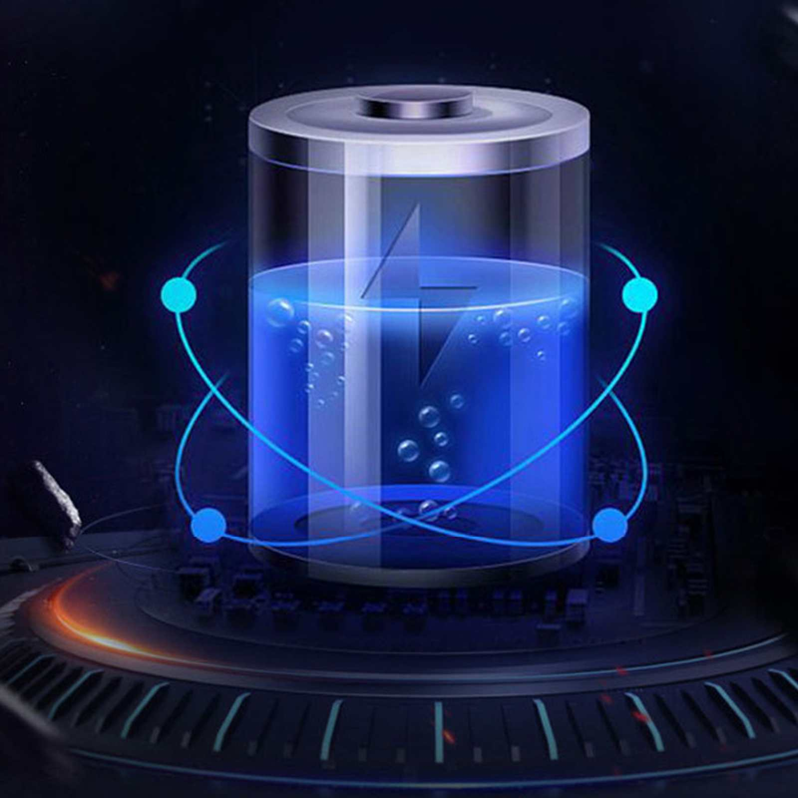 Illustration einer Batterie, die geladen wird. Blaue Flüssigkeit in einem transparenten Behälter, blaue Linien und Punkte.