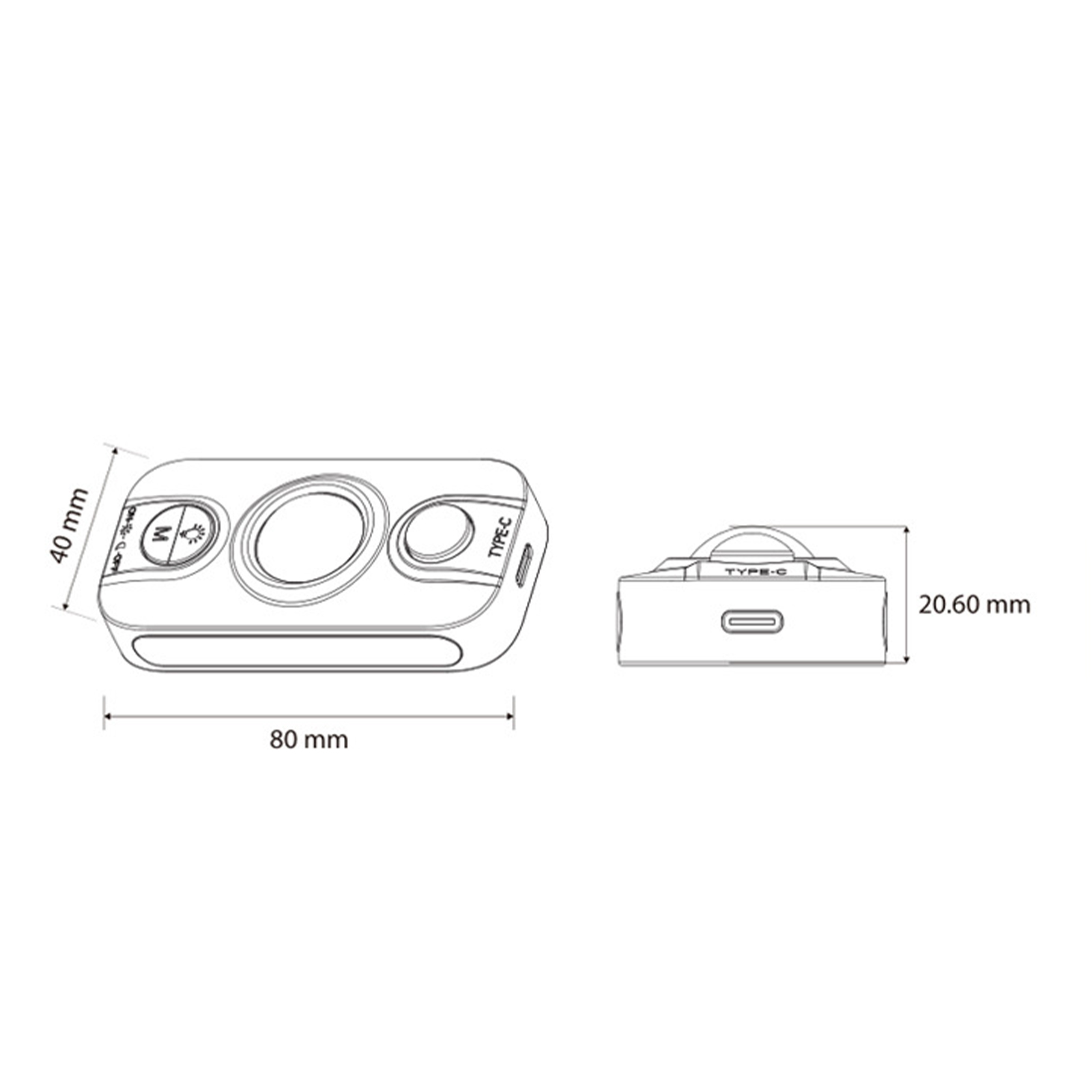 Diagramm eines rechteckigen Geräts mit Knöpfen und Maßangaben, 80 mm lang und 40 mm hoch, mit Seitenansicht.